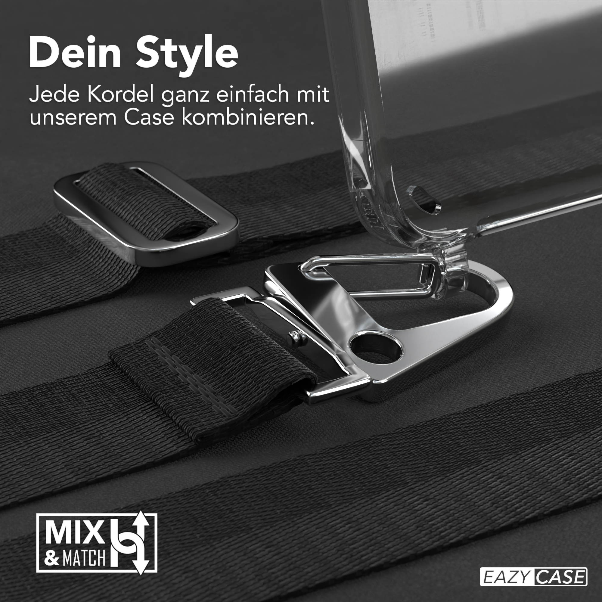 Schwarzer Riemen mit klarer Handyhülle. Die Hülle hat einen silbernen Verschluss und der Text lautet MXL & MATCH, EAZY CASE.