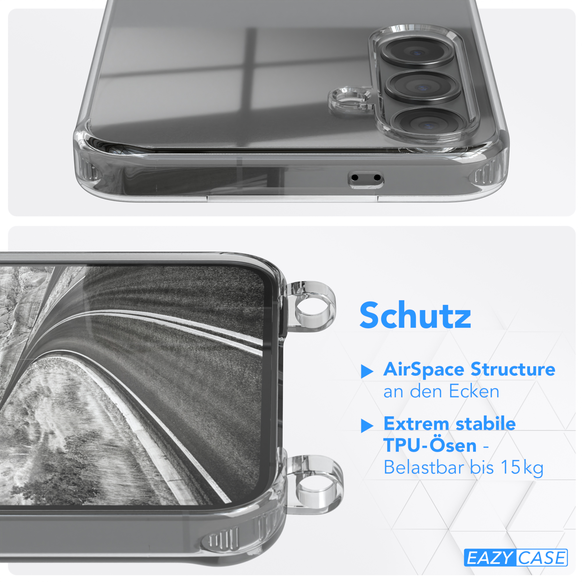 Transparente Handyhülle mit Details. AirSpace-Struktur in den Ecken, TPU-Ösen und 15 kg Belastung.