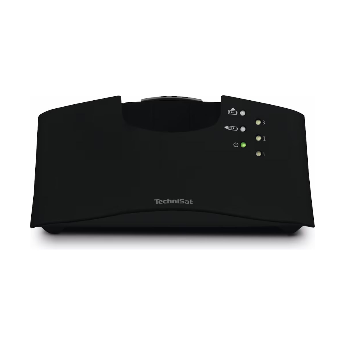 Czarny dekoder. Widoczne kontrolki zasilania i sygnału. Białe tło.