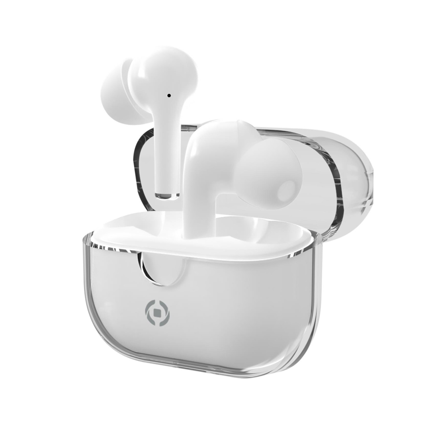 Auricolari bianchi in custodia trasparente, con porta di ricarica e logo.