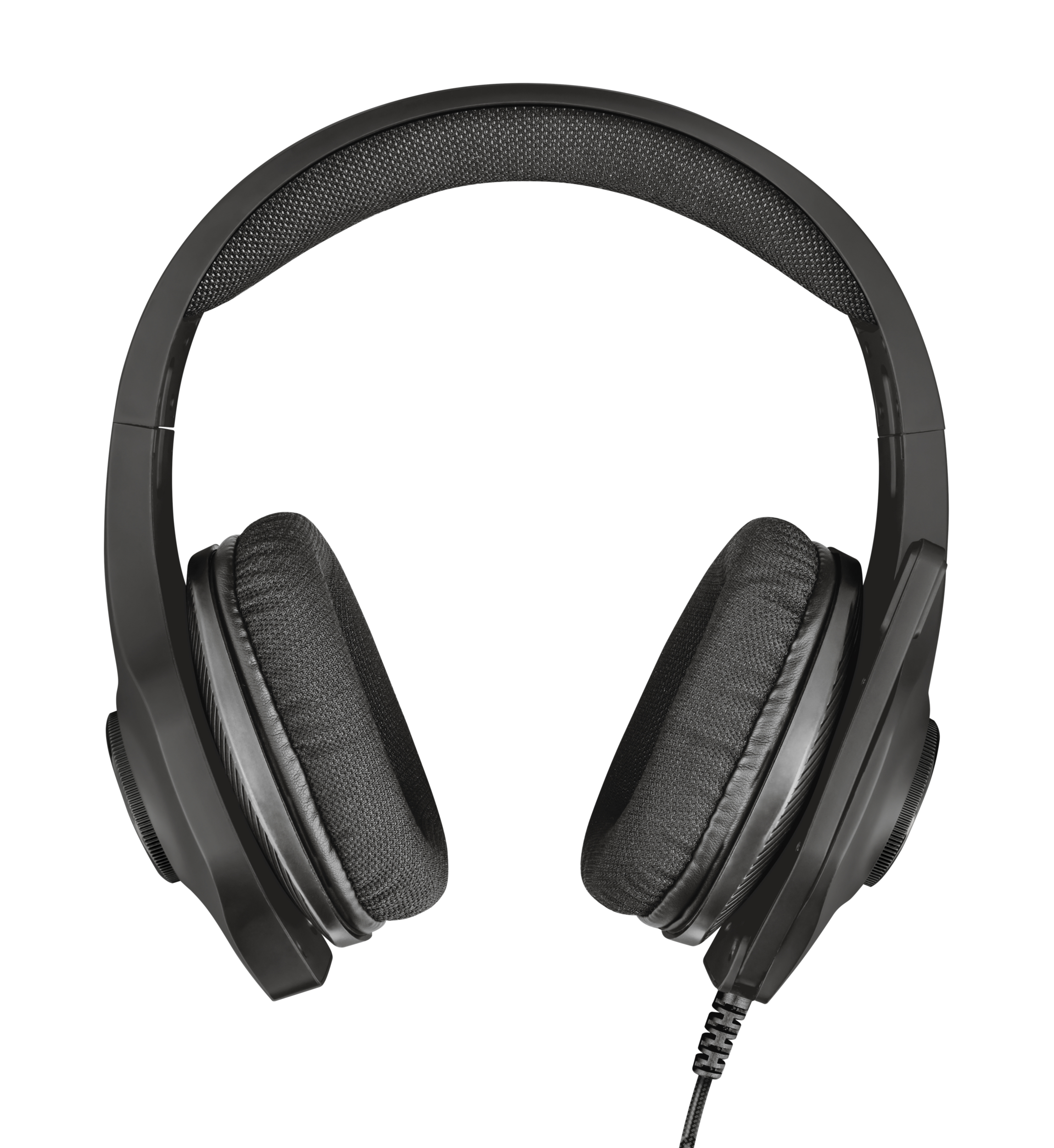Schwarze Over-Ear-Kopfhörer, Draufsicht, mit gepolstertem Bügel und Ohrmuscheln.