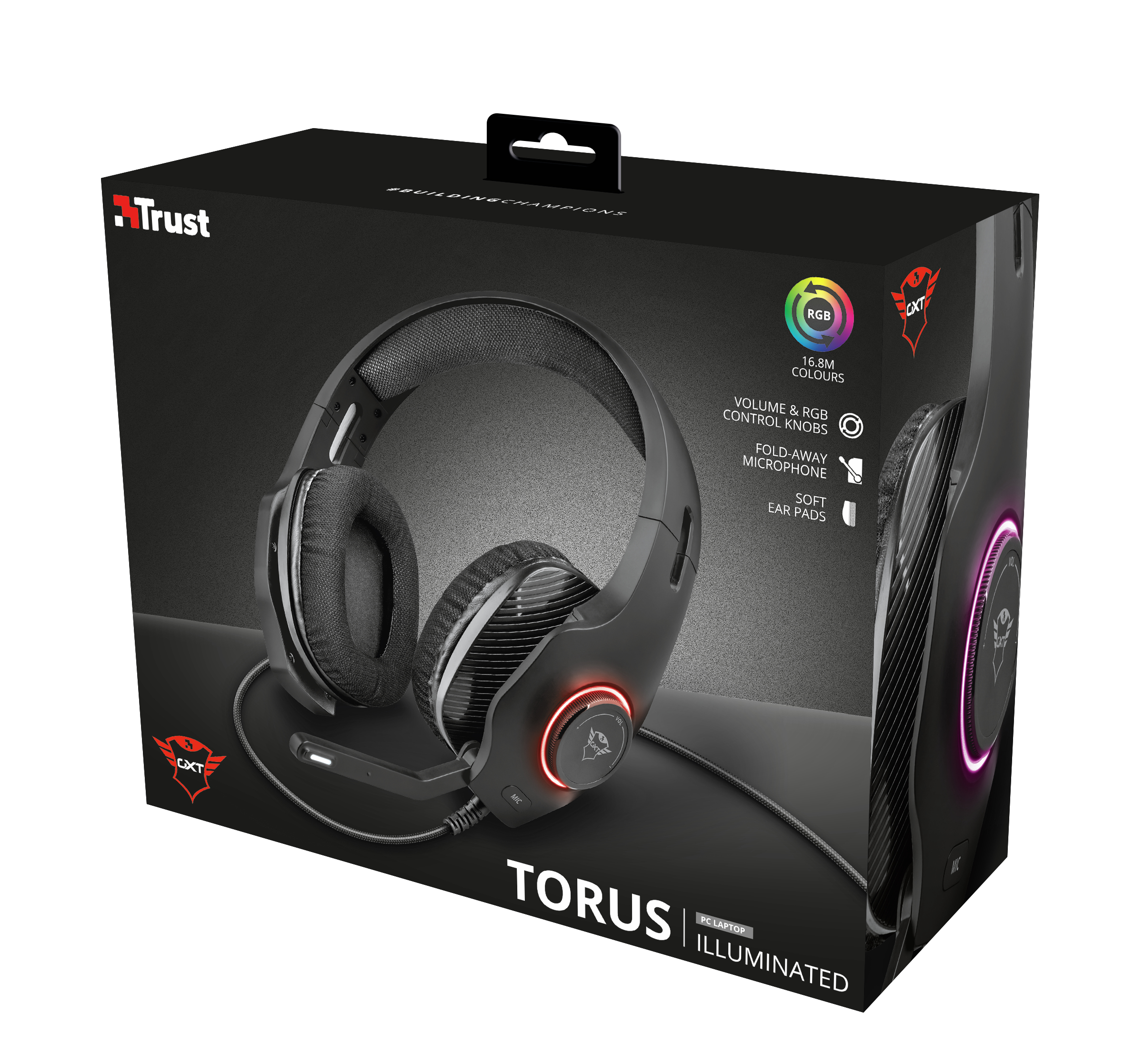 Schwarze und rote Trust Gaming-Headset-Box. Die Box zeigt das Headset und seine Funktionen.