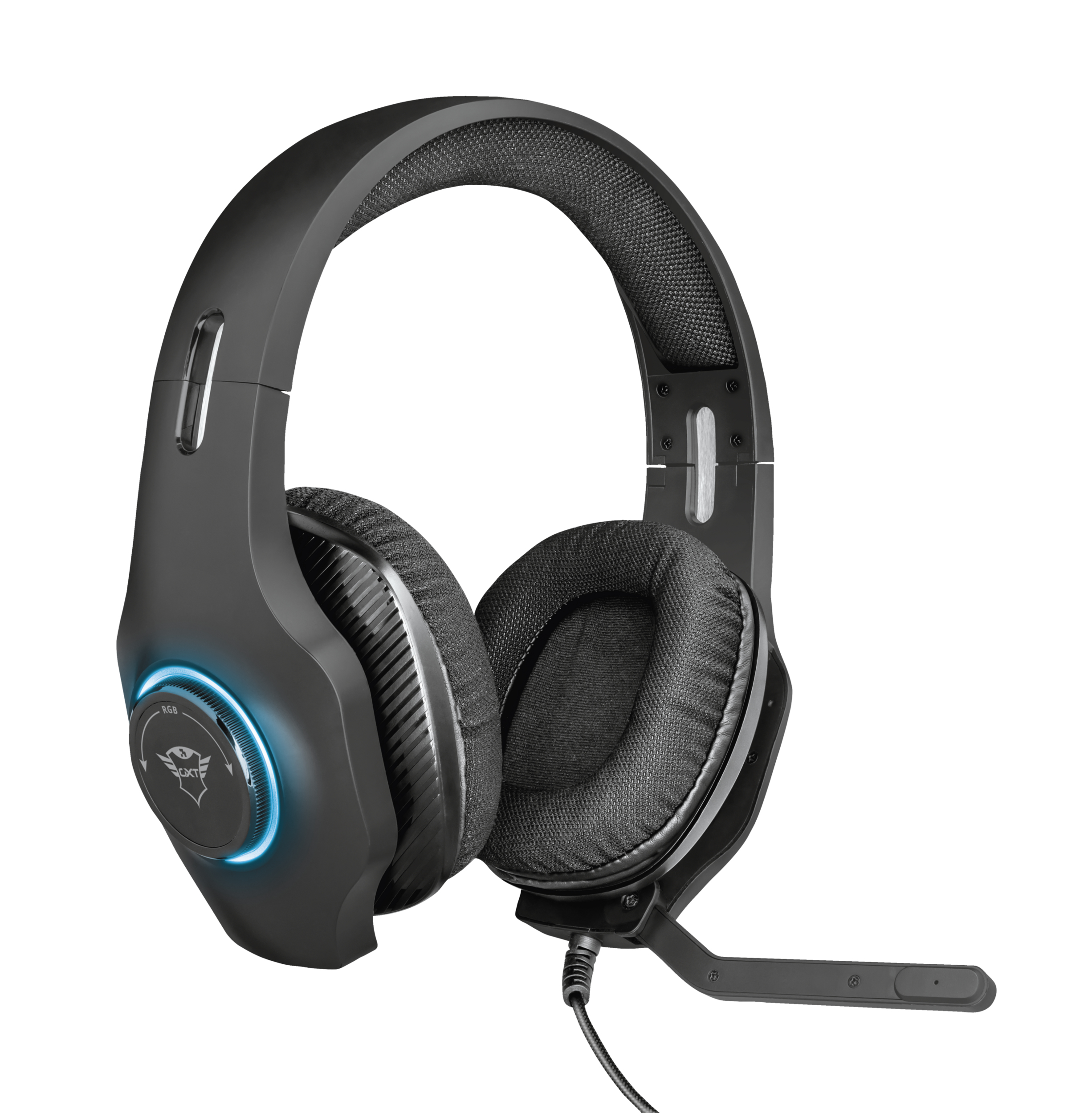 Schwarzes Gaming-Headset mit blauem Lichtring und Mikrofon.