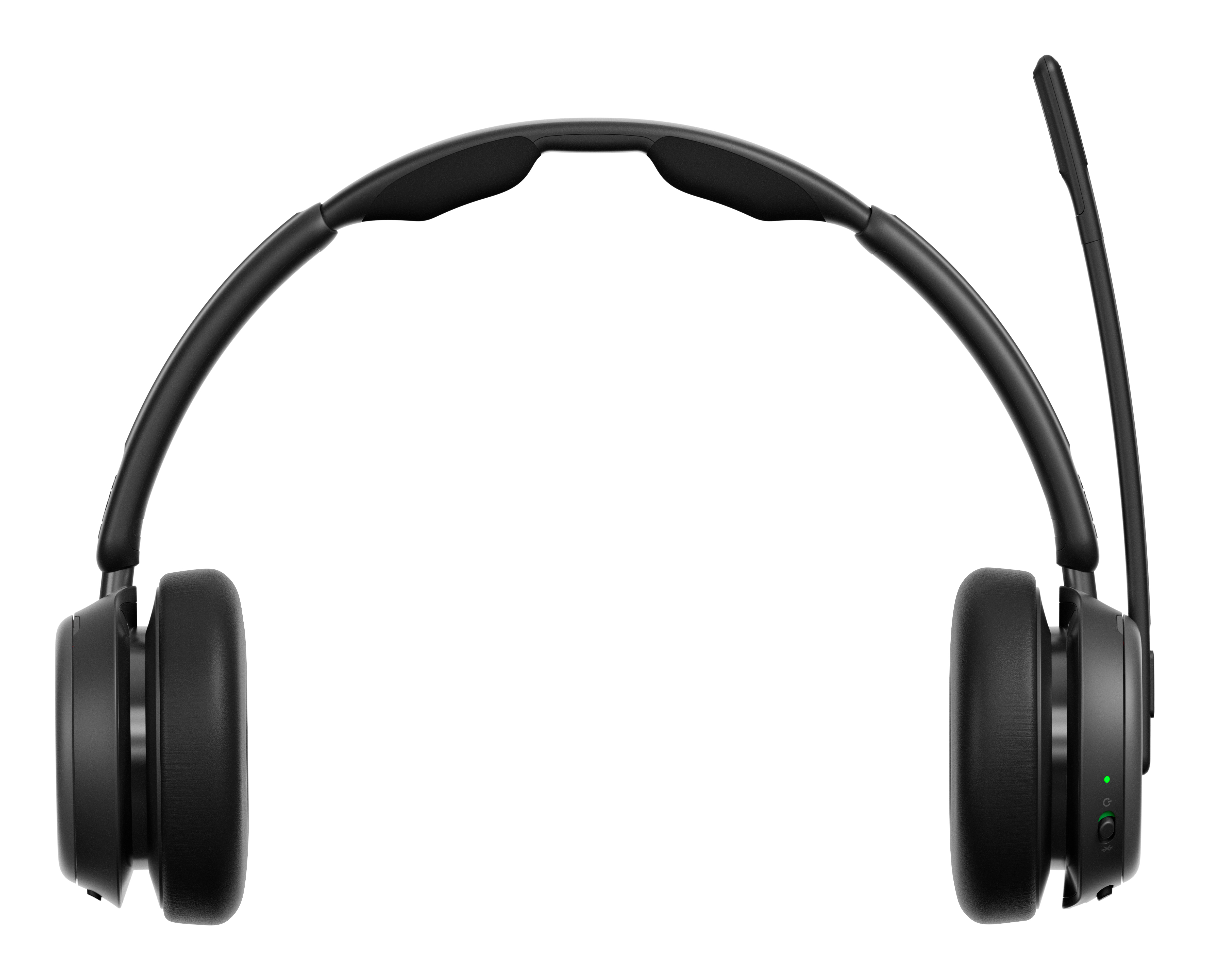 Casque noir avec un microphone, vu de face. Deux écouteurs et un arceau.