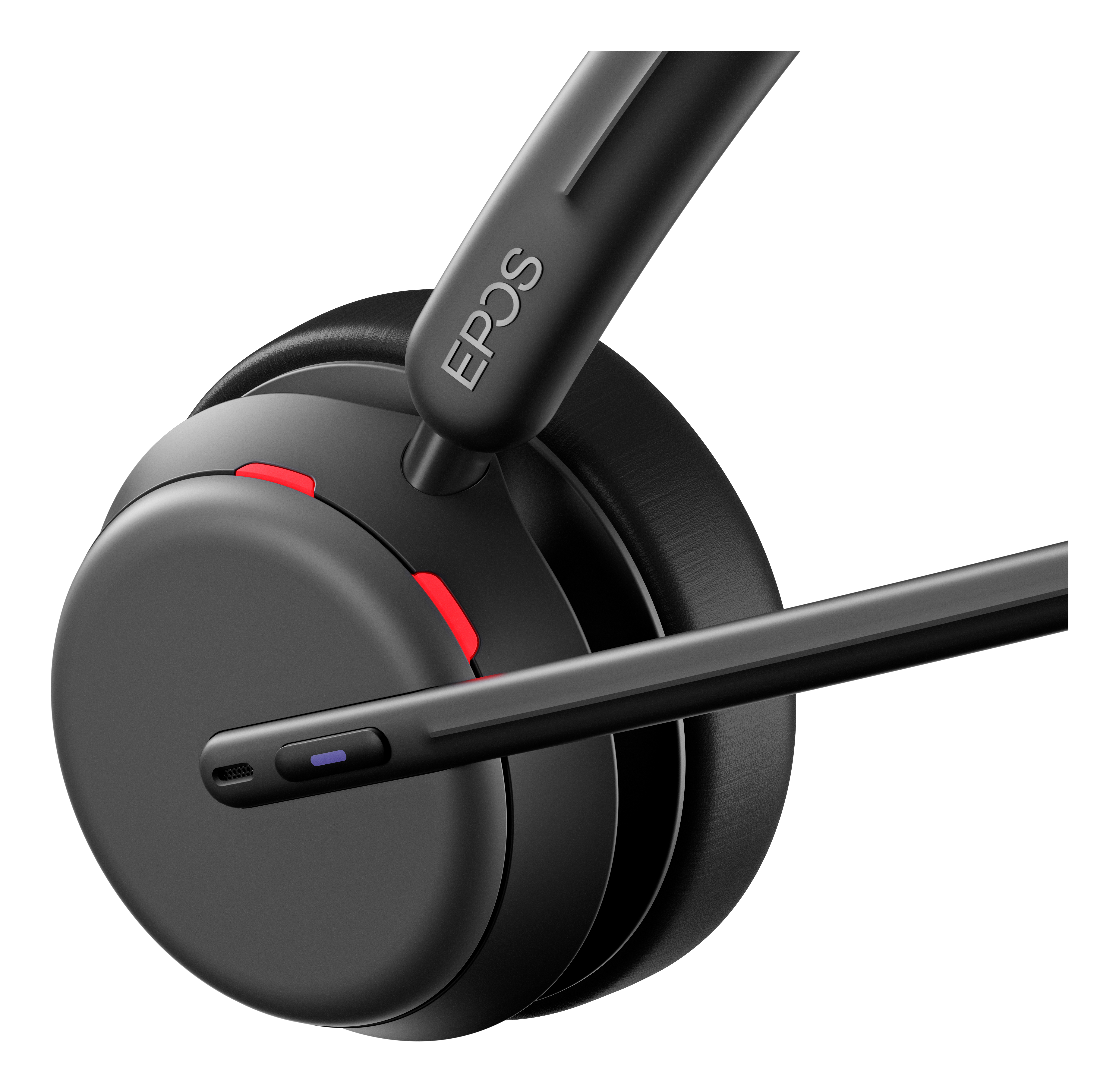 Casque noir avec micro. Marque 'EPOS' visible. Bouton rouge, lumière bleue.