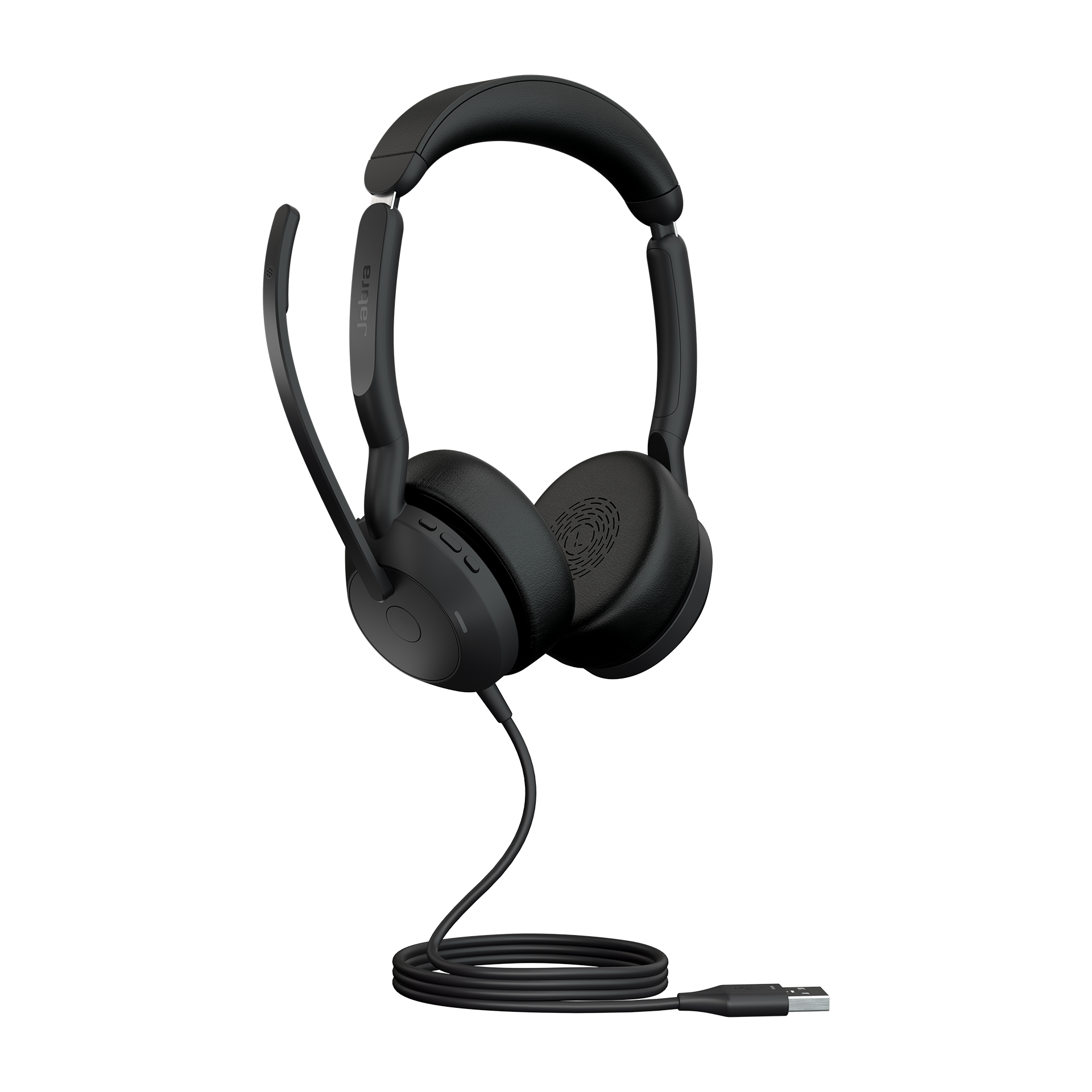 Zwarte Jabra koptelefoon met microfoon. USB-connector en kabel.