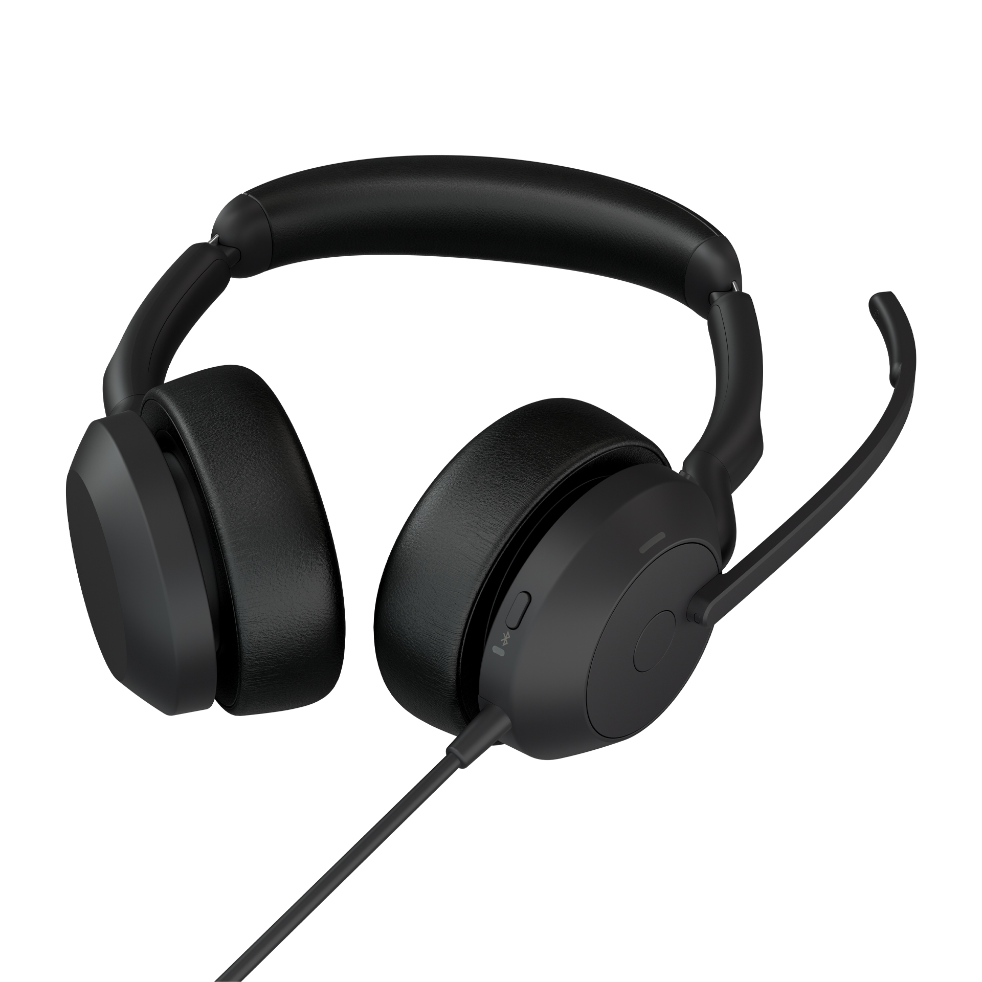 Zwarte headset met een microfoon. De headset staat op een witte achtergrond.