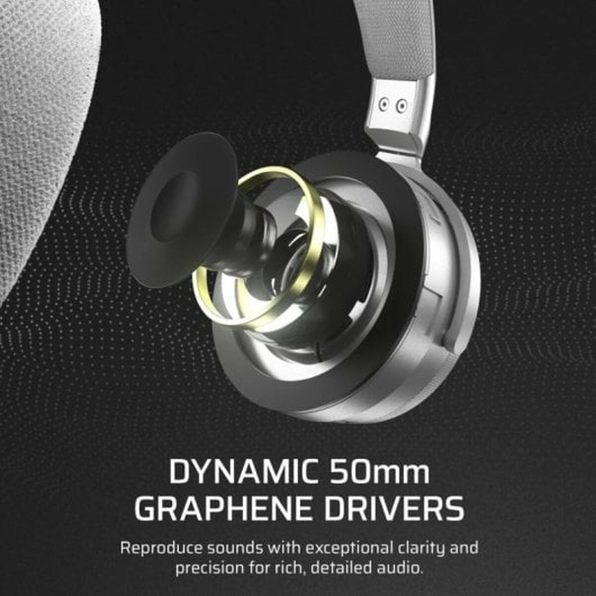 Nahaufnahme einer Kopfhörerkomponente mit Graphen-Treibern. Text: 'DYNAMIC 50mm GRAPHENE DRIVERS'.
