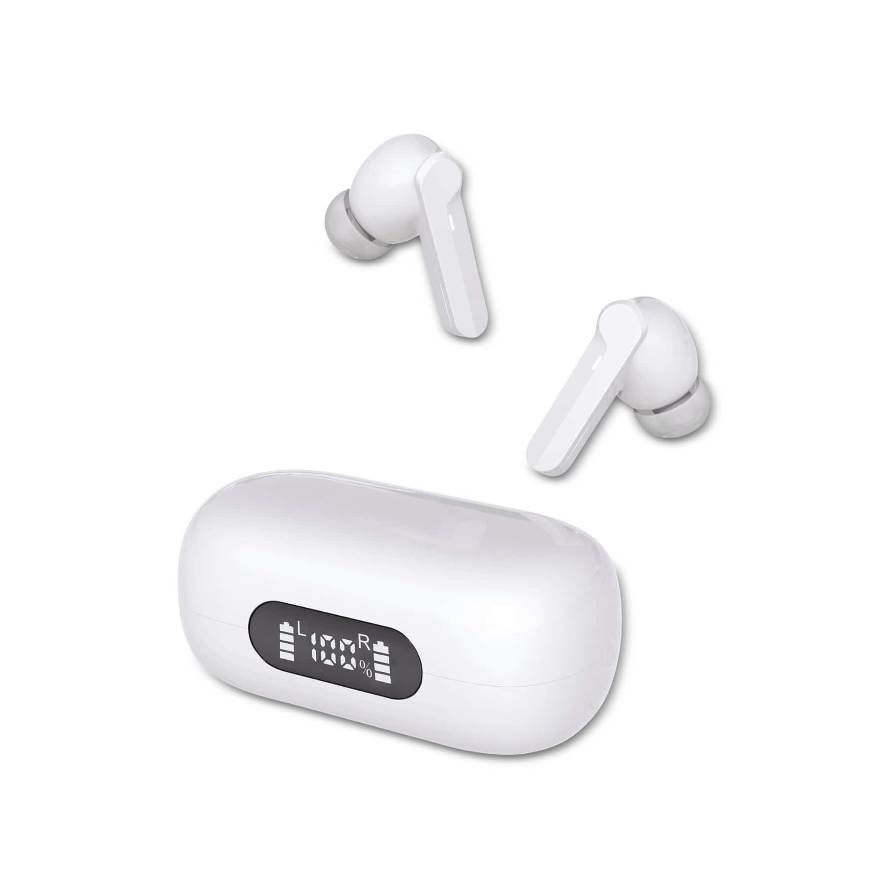 Auriculares blancos y estuche de carga sobre fondo blanco. El estuche tiene una pantalla con nivel de batería.