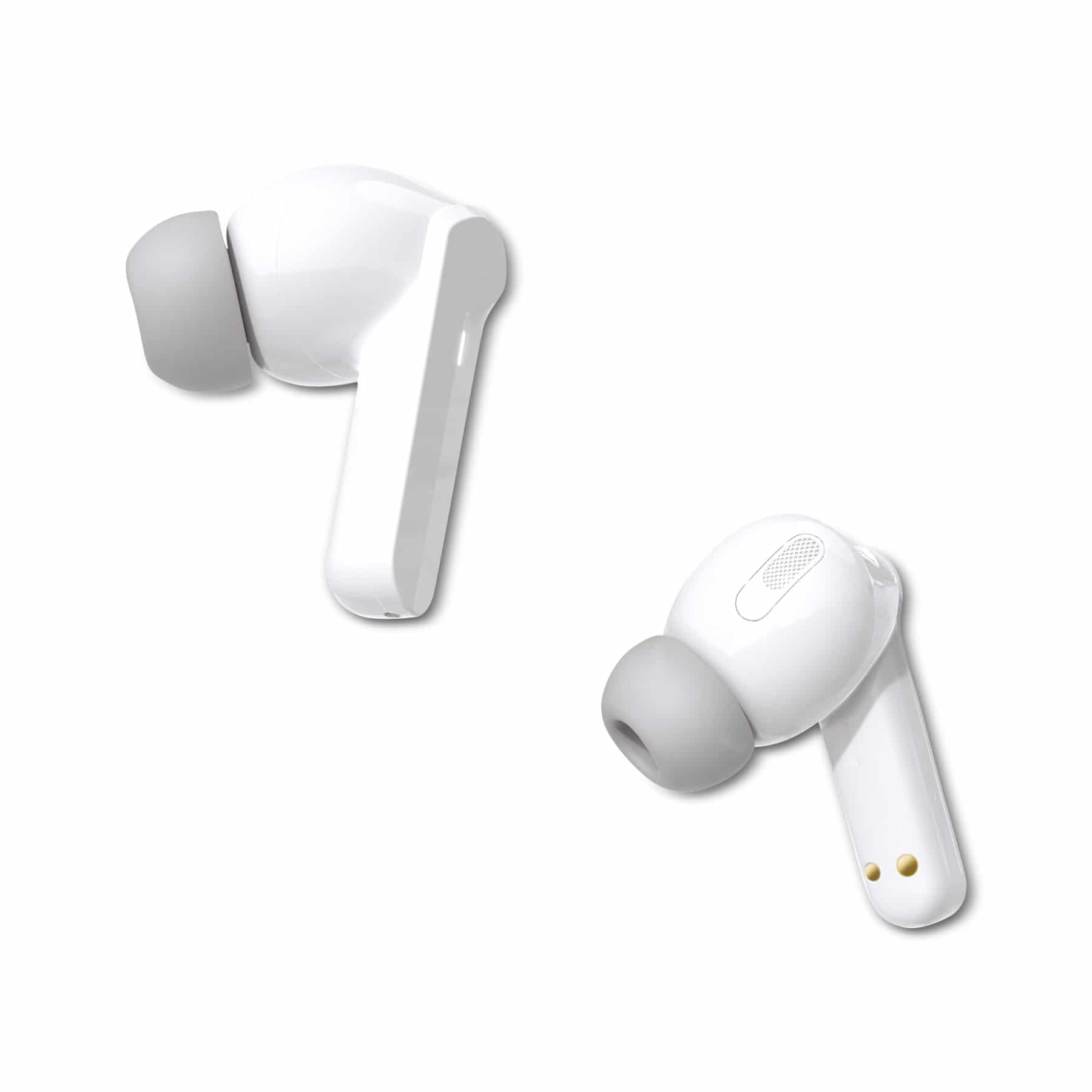 Dos auriculares blancos con puntas grises, en ángulo, aislados sobre blanco.