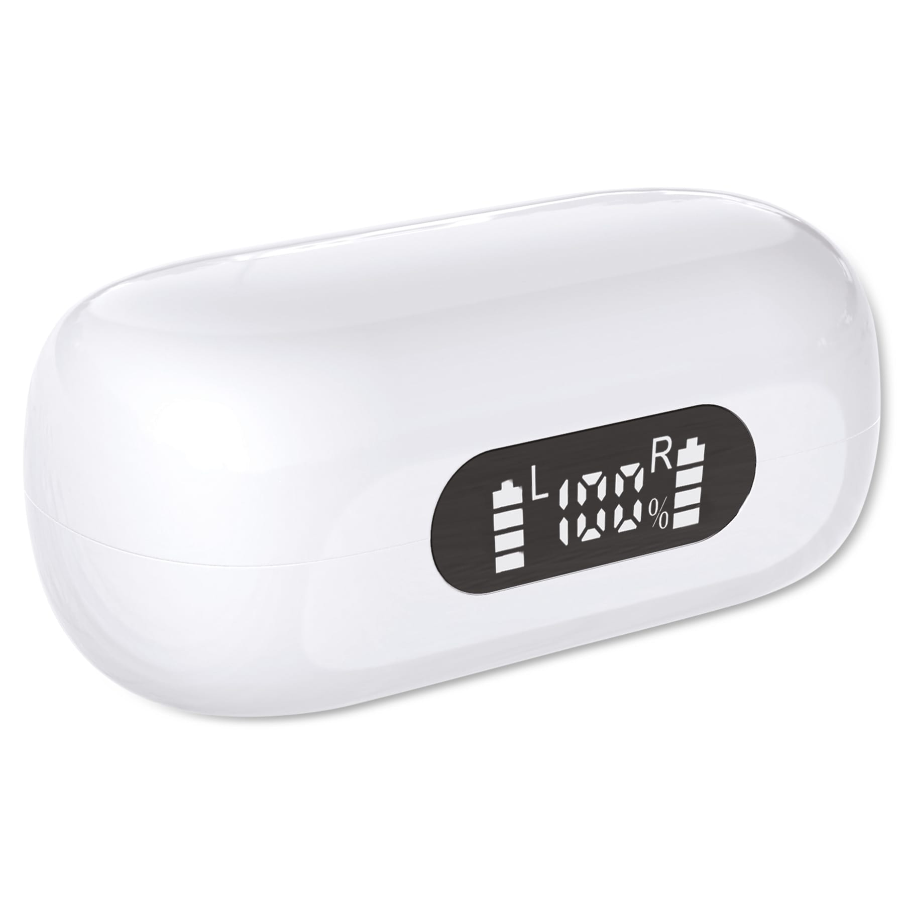 Estuche de carga blanco para auriculares, con pantalla digital que muestra niveles de batería.