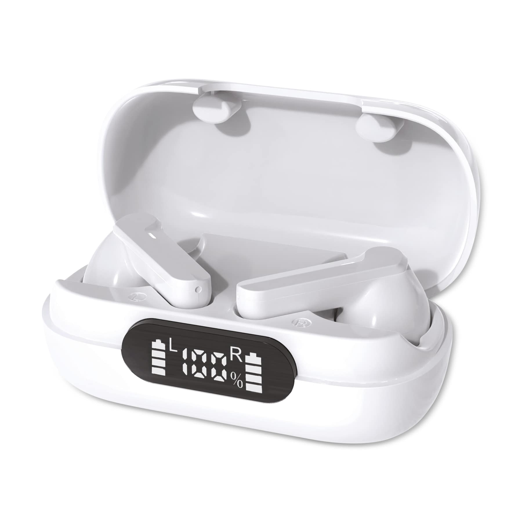 Un estuche de carga blanco para auriculares. La tapa está abierta, mostrando los auriculares dentro.