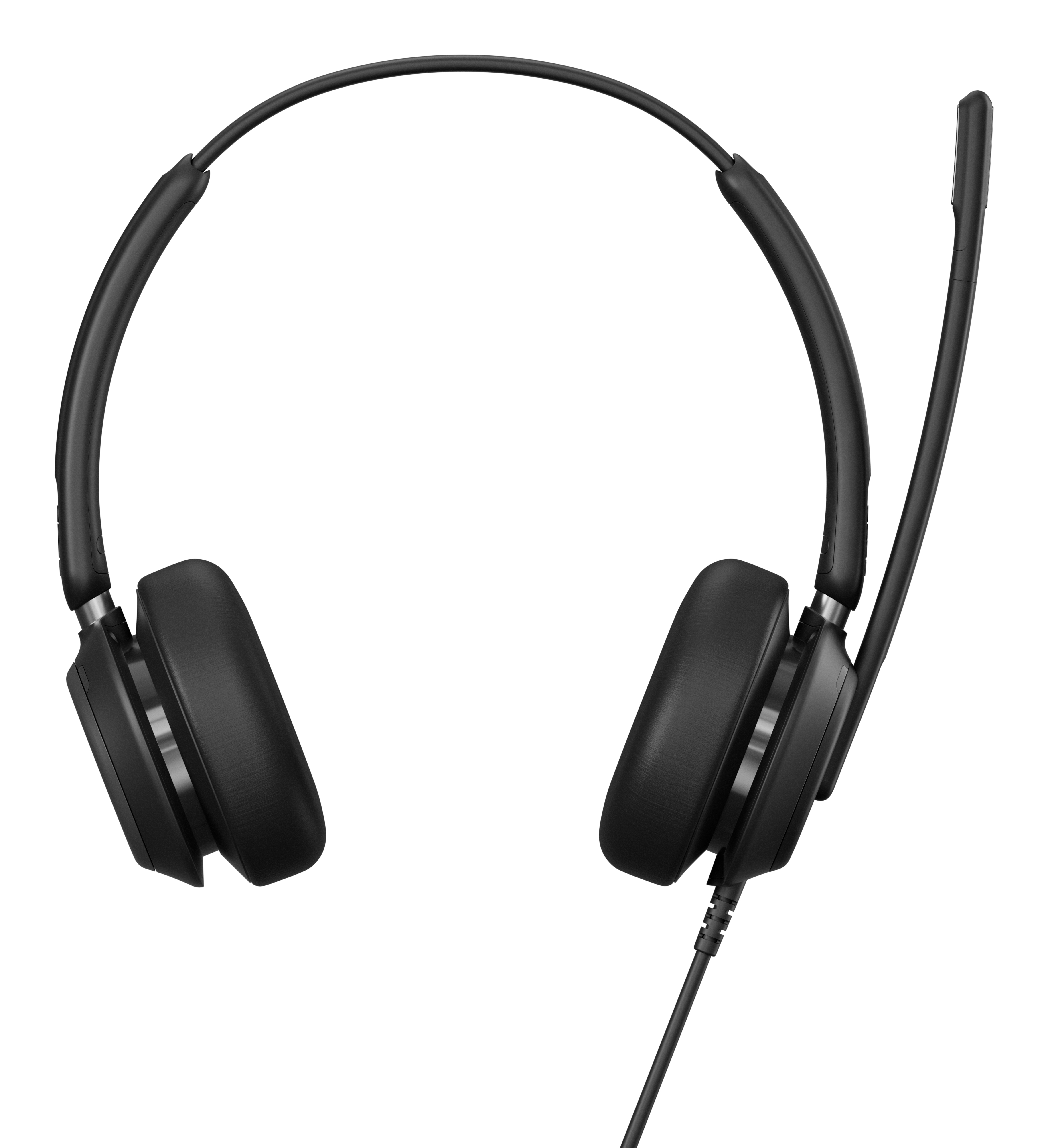 Casque noir avec oreillettes et un bras de microphone. Le design est élégant et minimaliste.