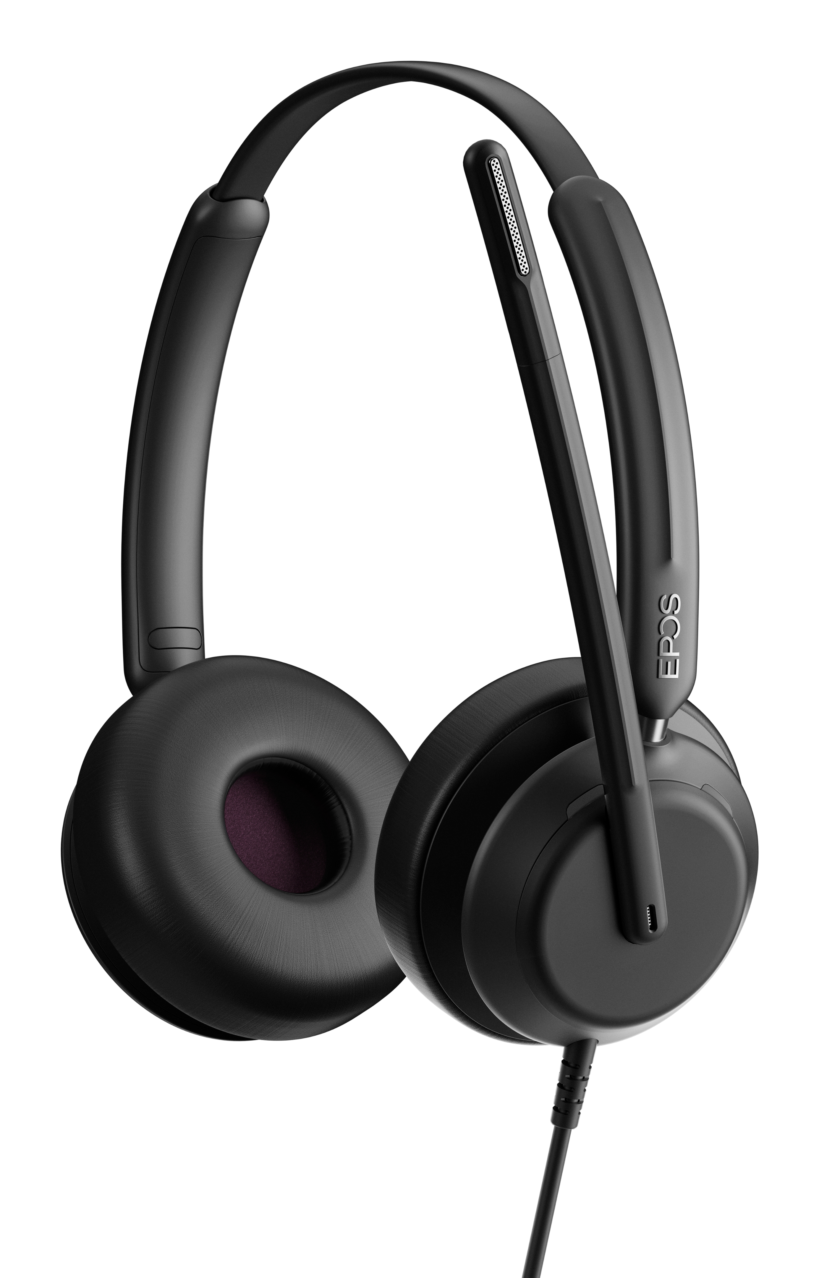 Casque noir avec microphone. Les écouteurs sont ronds et le bandeau est rembourré. Fond blanc.