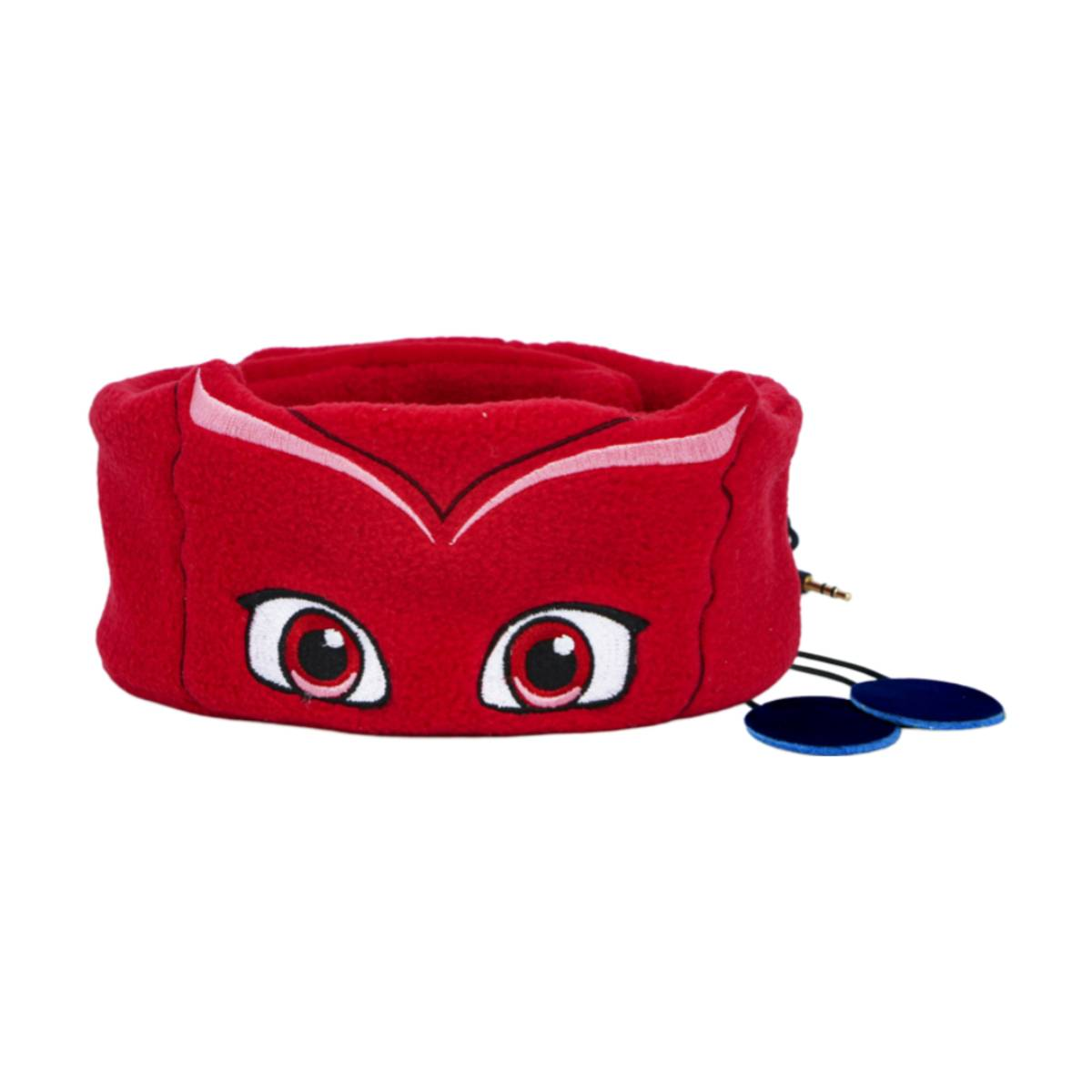 Rote Masken-Kopfhörer. Mit Augen und V-förmigem Design. Weißer Hintergrund.