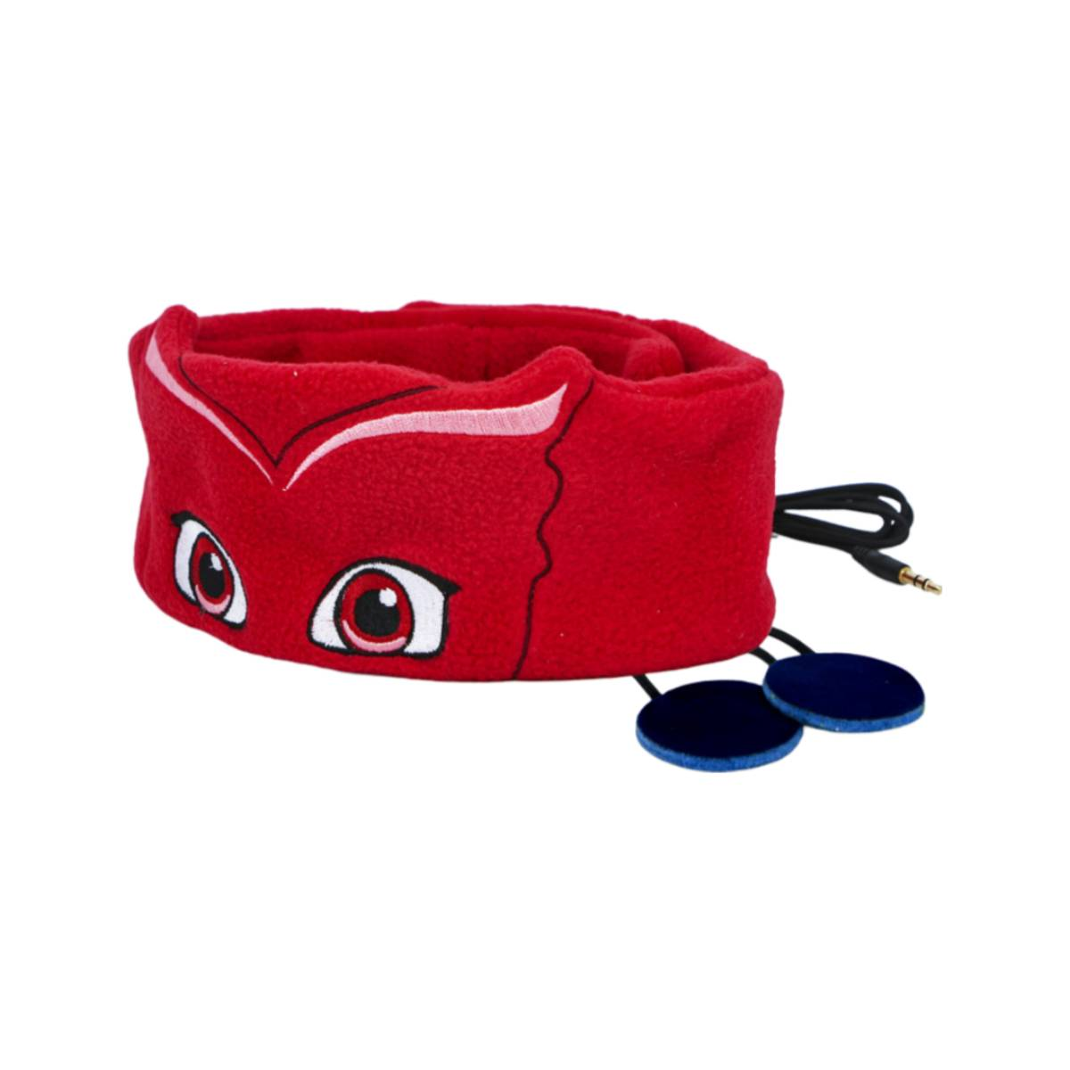 Rote Schlafmaske in Form eines Katzenkopfes, mit großen Augen und Kopfhörerkabeln.
