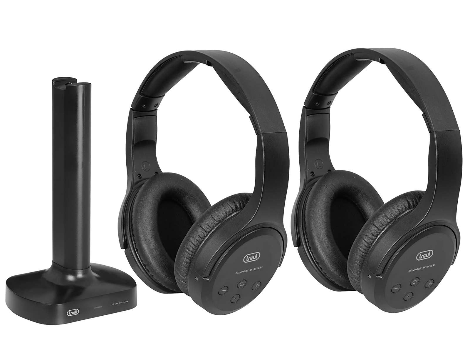 Due cuffie wireless nere con base di ricarica su sfondo bianco.