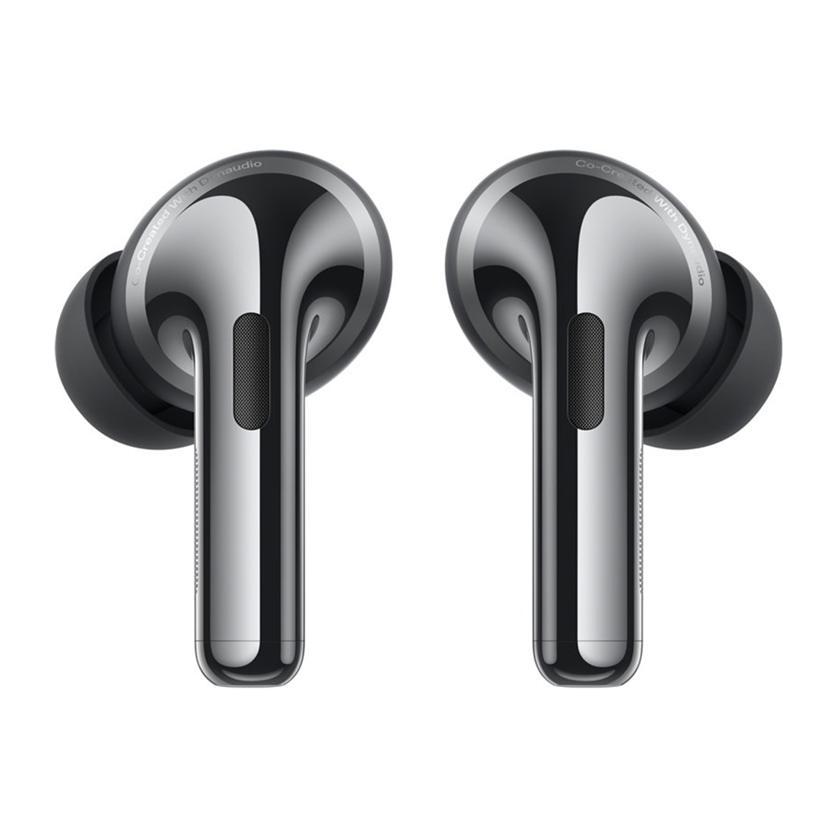 Srebrne słuchawki douszne, metaliczne wykończenie, białe tło, widok z boku, nowoczesny design.