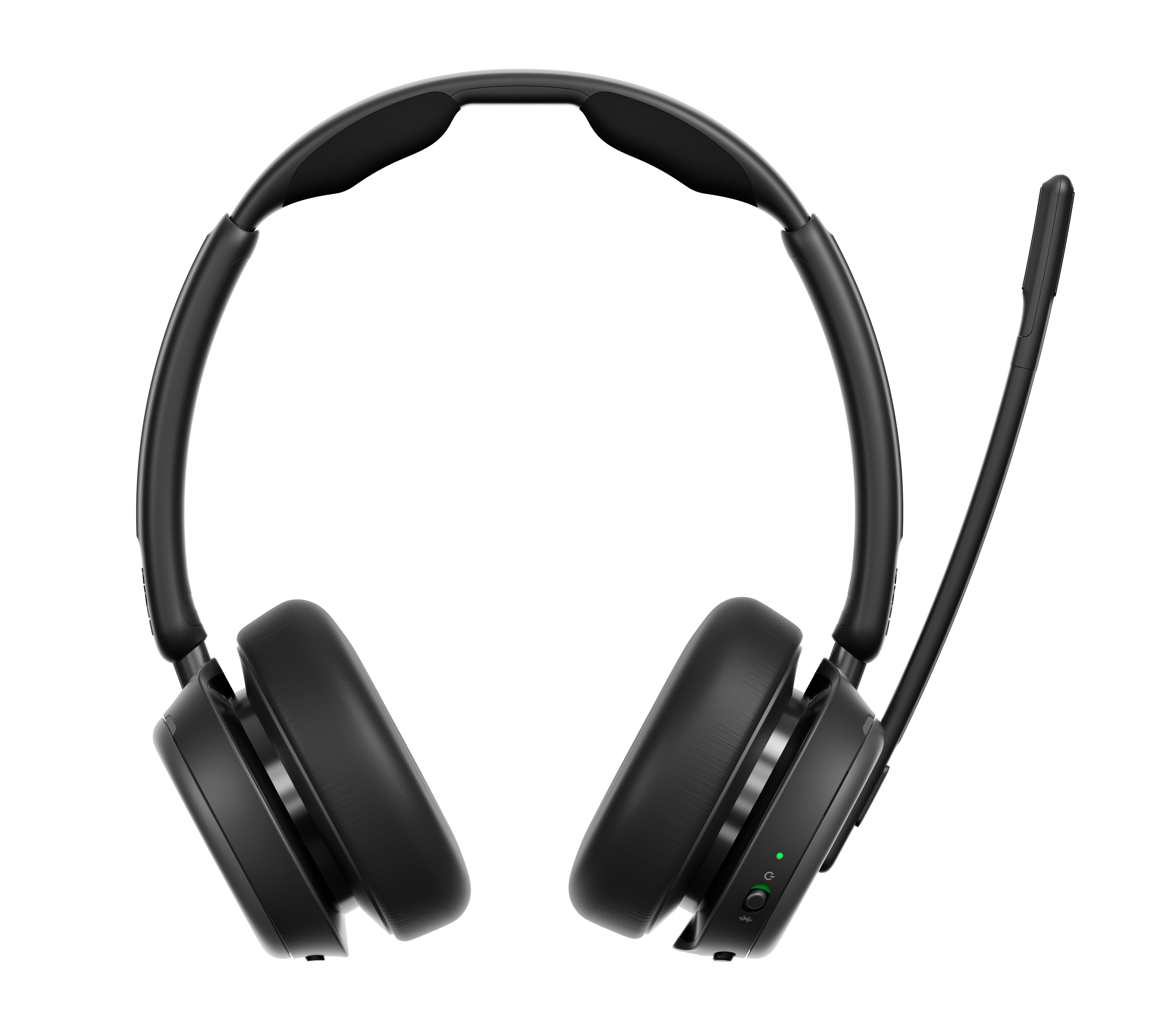 Zwarte headset met microfoon. Het heeft oorschelpen en een hoofdband.