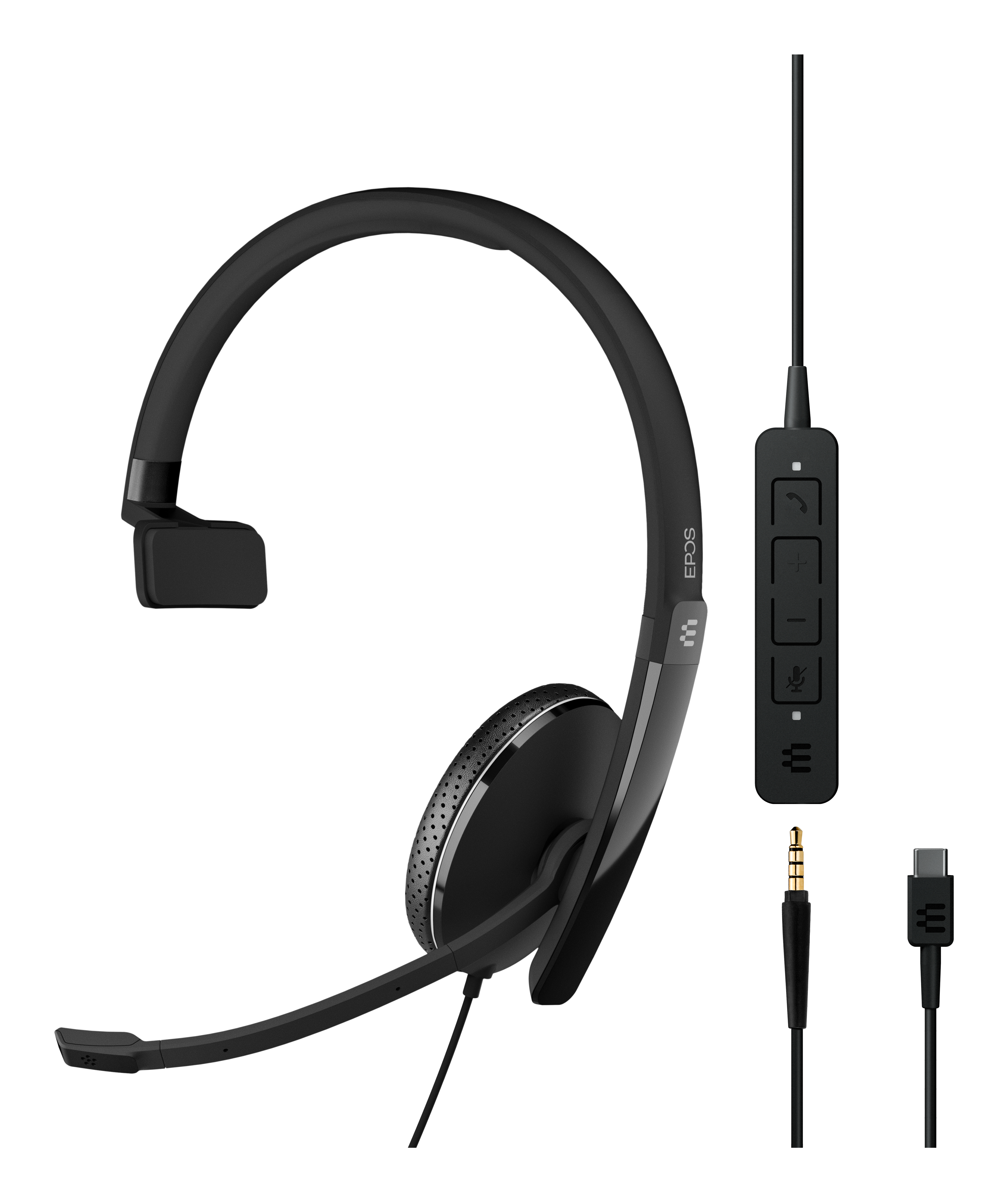 Cuffie EPOS nere. Include un'unità di controllo e un jack da 3,5 mm e un connettore USB-C.
