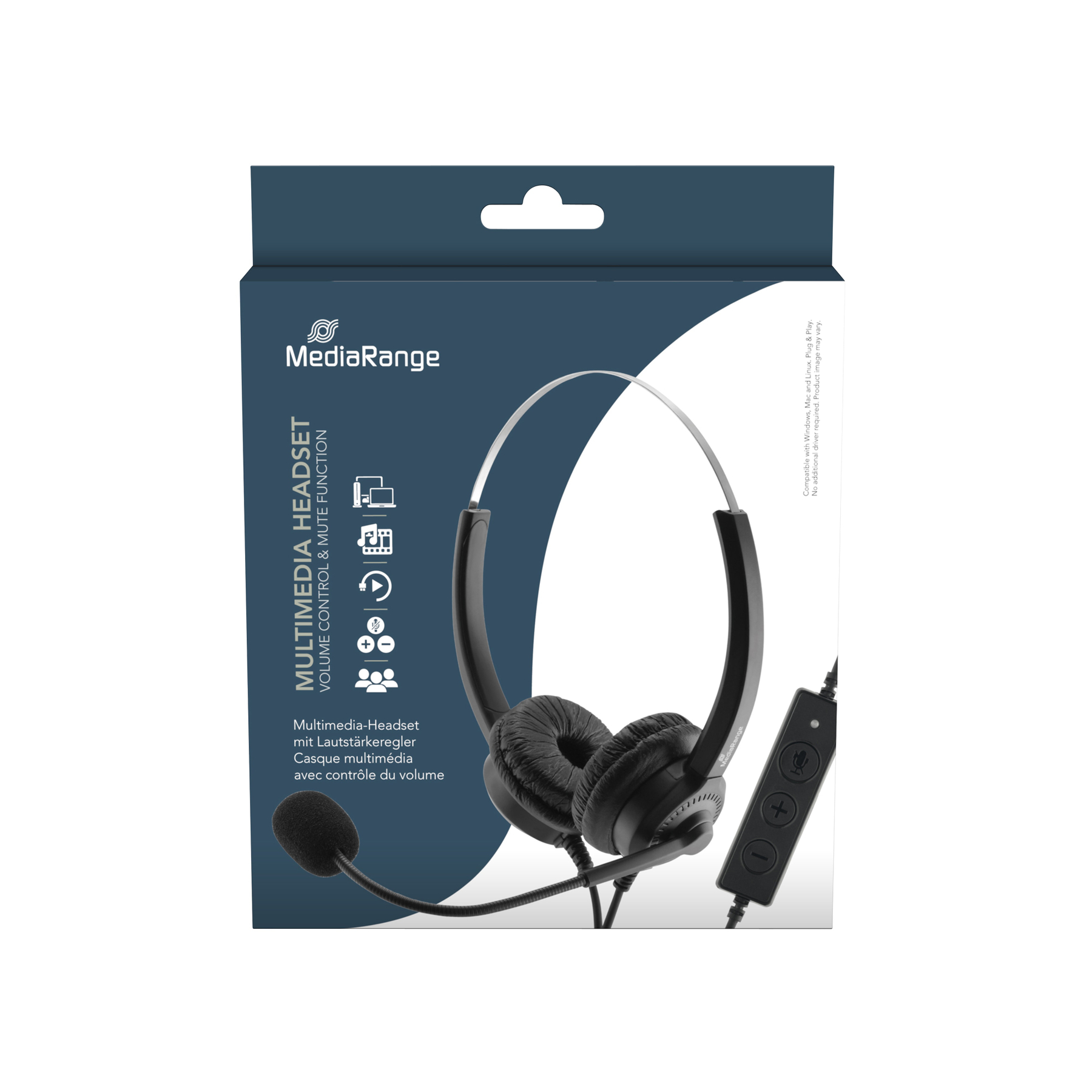 Czarny zestaw słuchawkowy multimedialny w pudełku. Pudełko ma nazwę MediaRange i ikony.