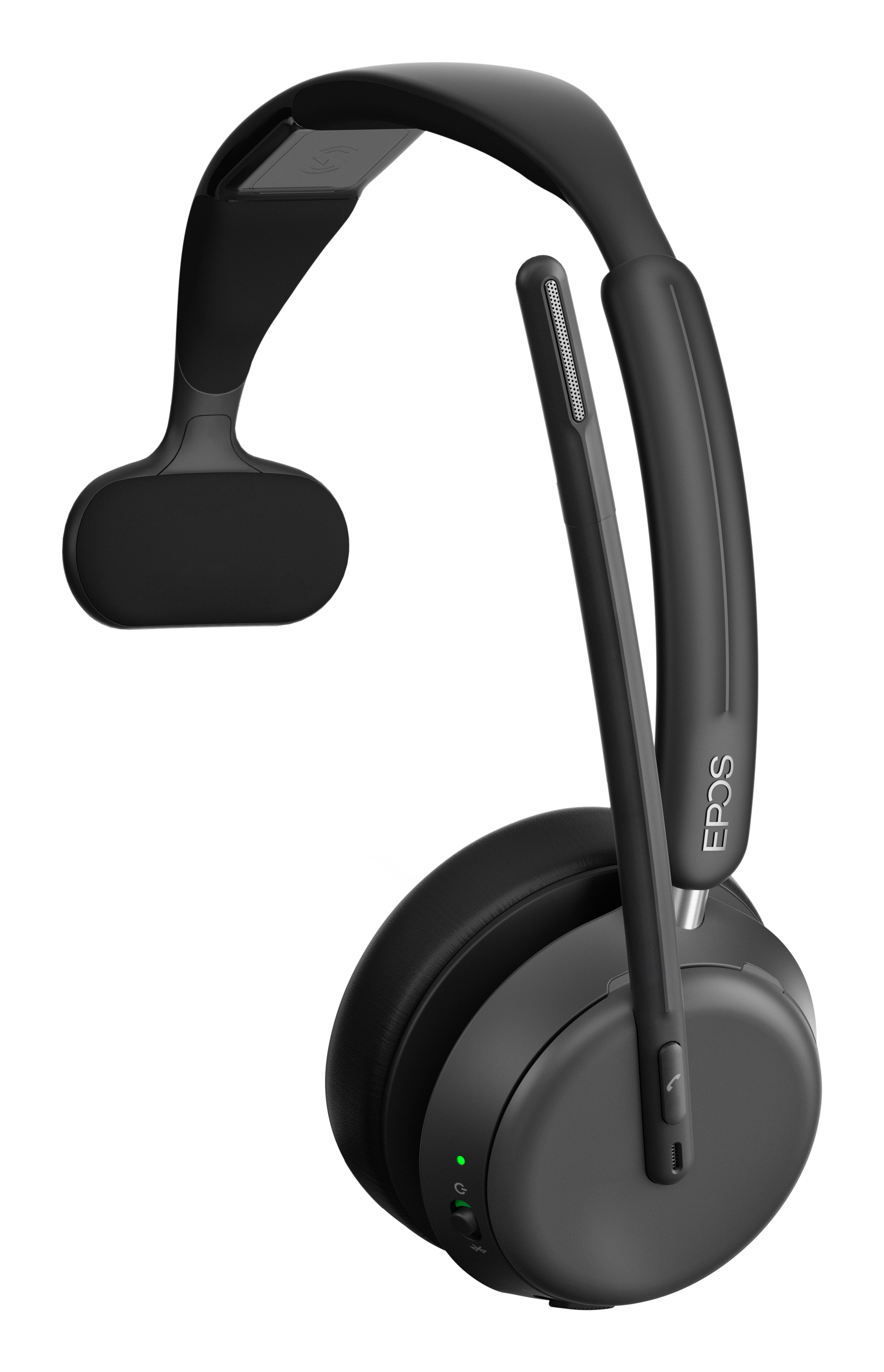 Zwarte EPOS headset met een microfoon. De headset staat op een witte achtergrond.