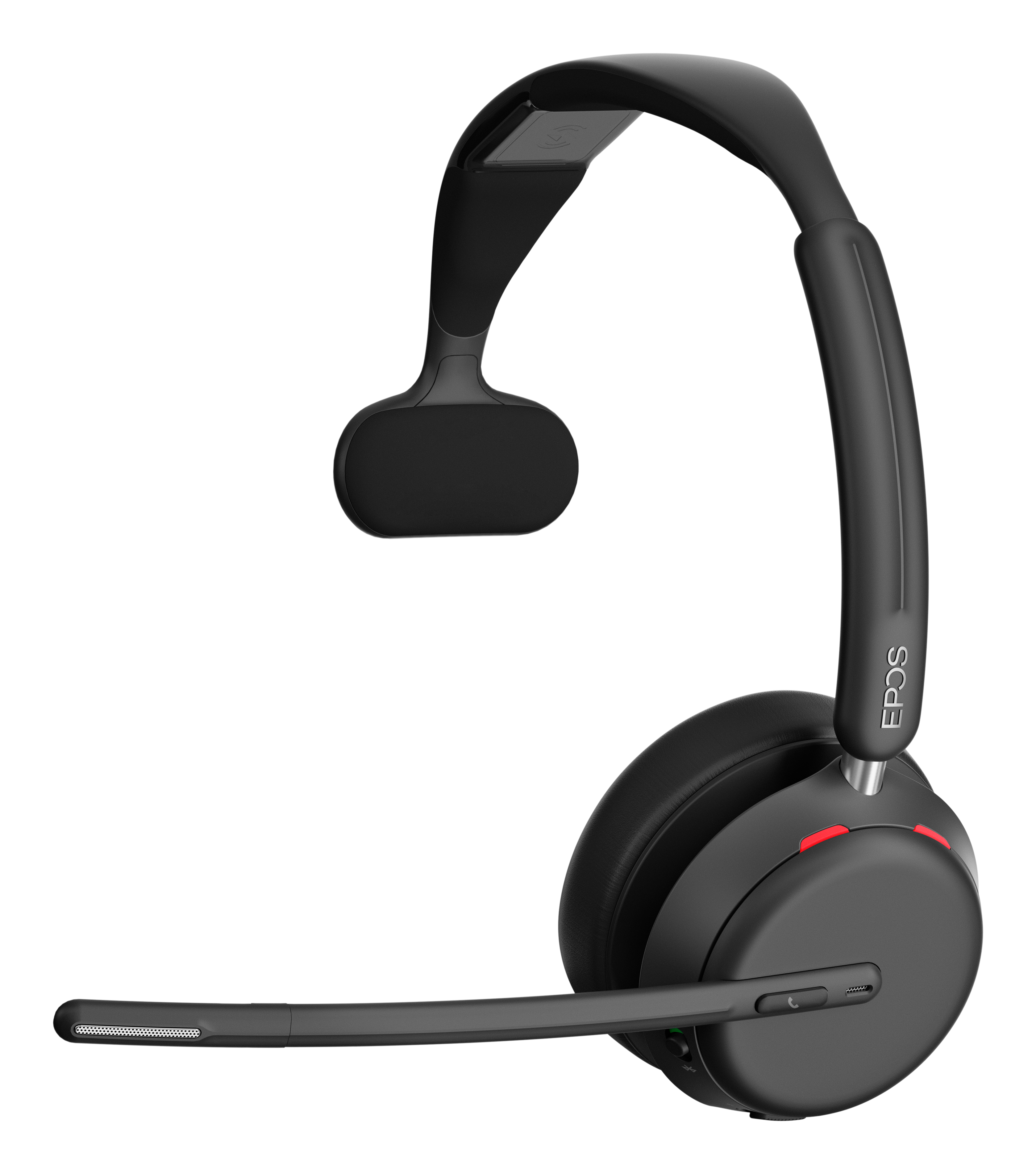 Zwarte EPOS headset met een microfoon. De achtergrond is wit.