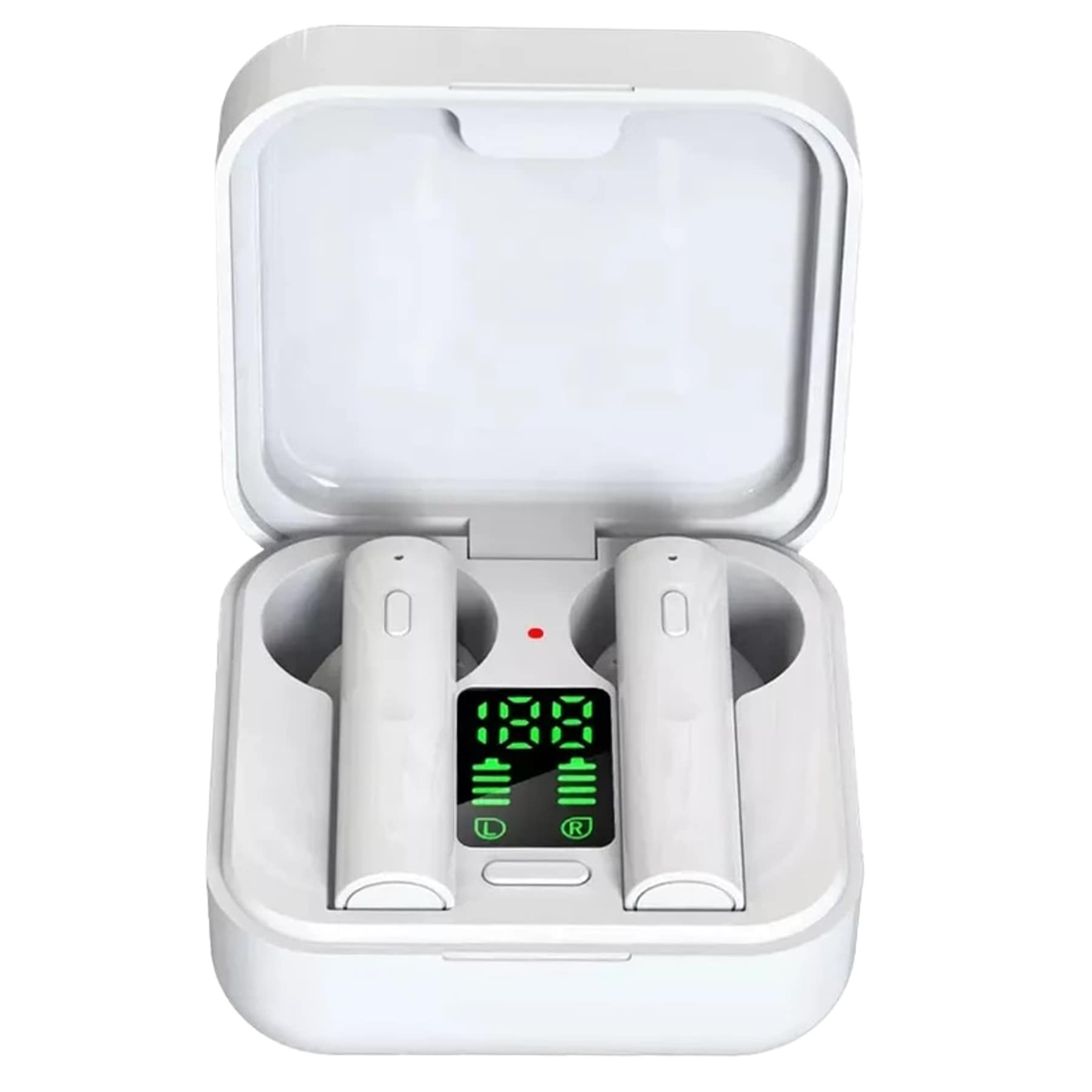 Auriculares blancos en estuche blanco con pantalla mostrando niveles de batería.