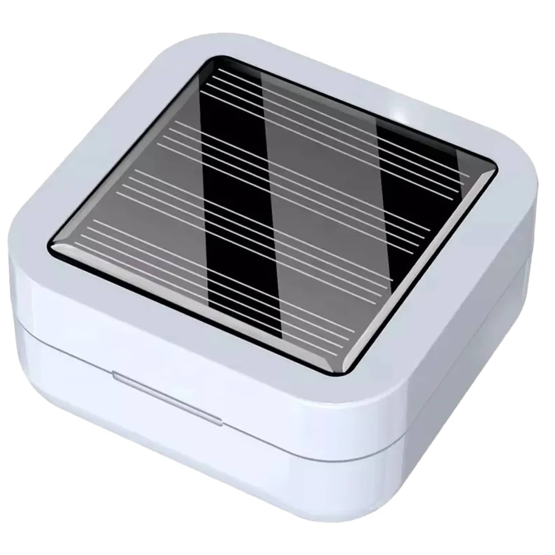 Base de carga inalámbrica cuadrada blanca. Panel solar negro en la parte superior. Diseño moderno.