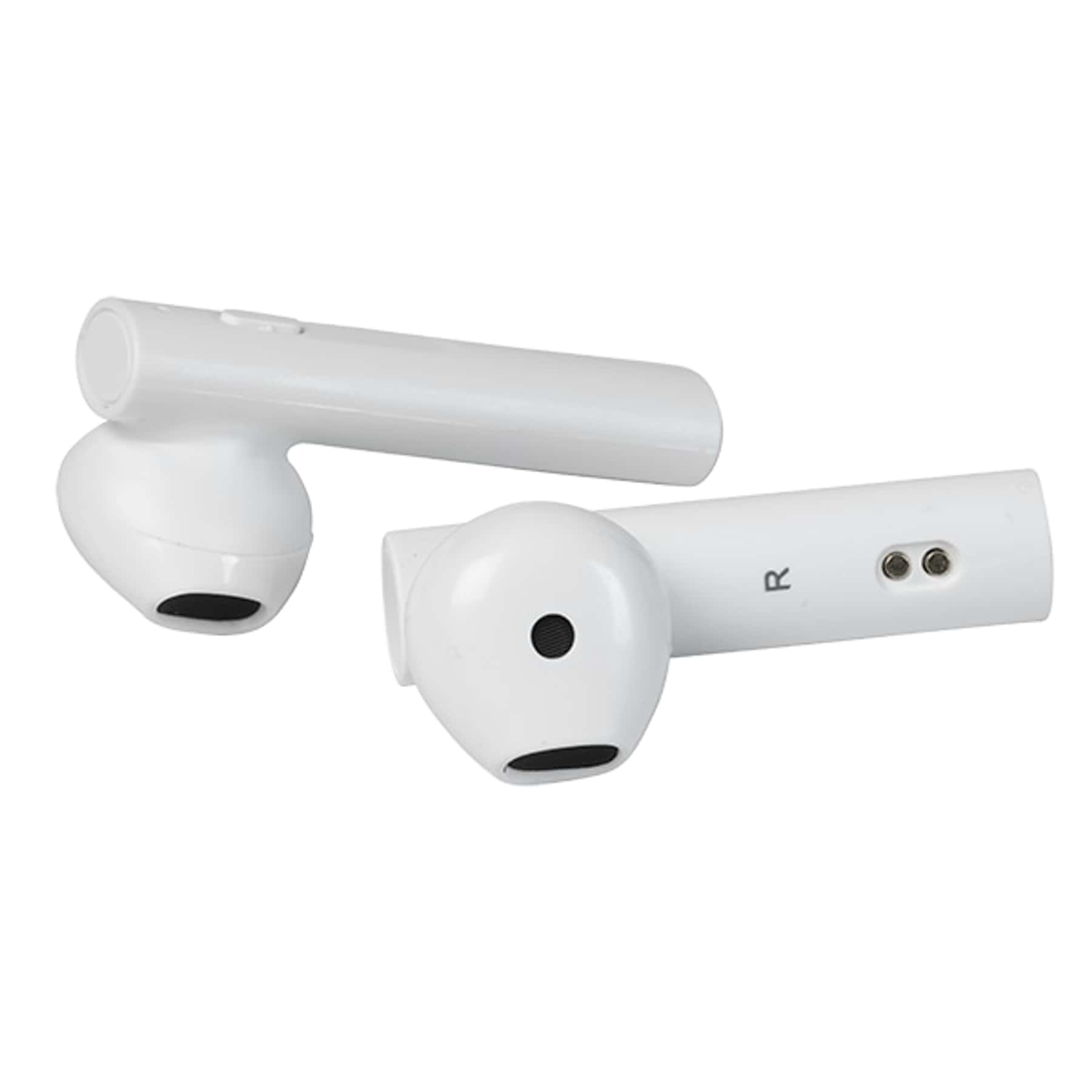 Dos auriculares inalámbricos blancos. Uno tumbado y el otro de pie, ligeramente inclinado.