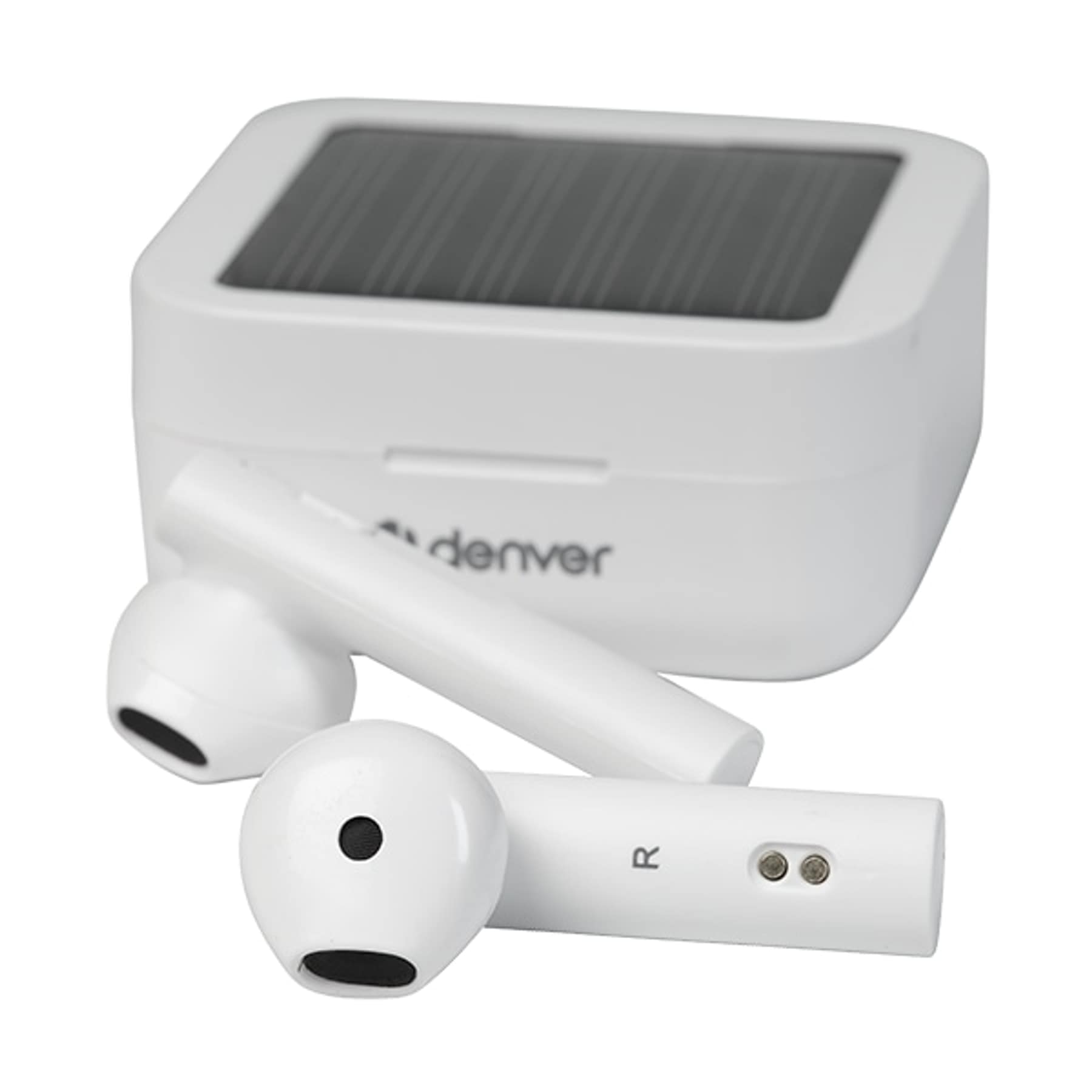 Auriculares Denver blancos en un estuche de carga. El estuche tiene un panel solar.