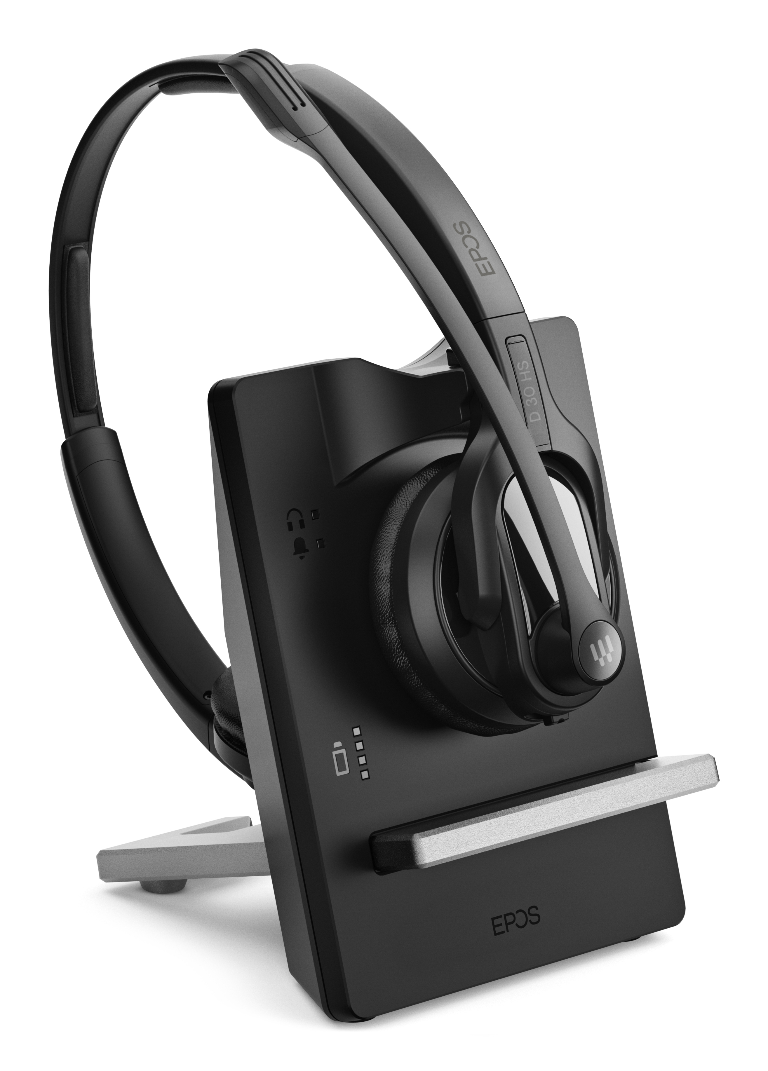 Schwarzes Headset auf schwarzer Basis, silberner Ständer. Das Headset ist ein EPOS-Modell.