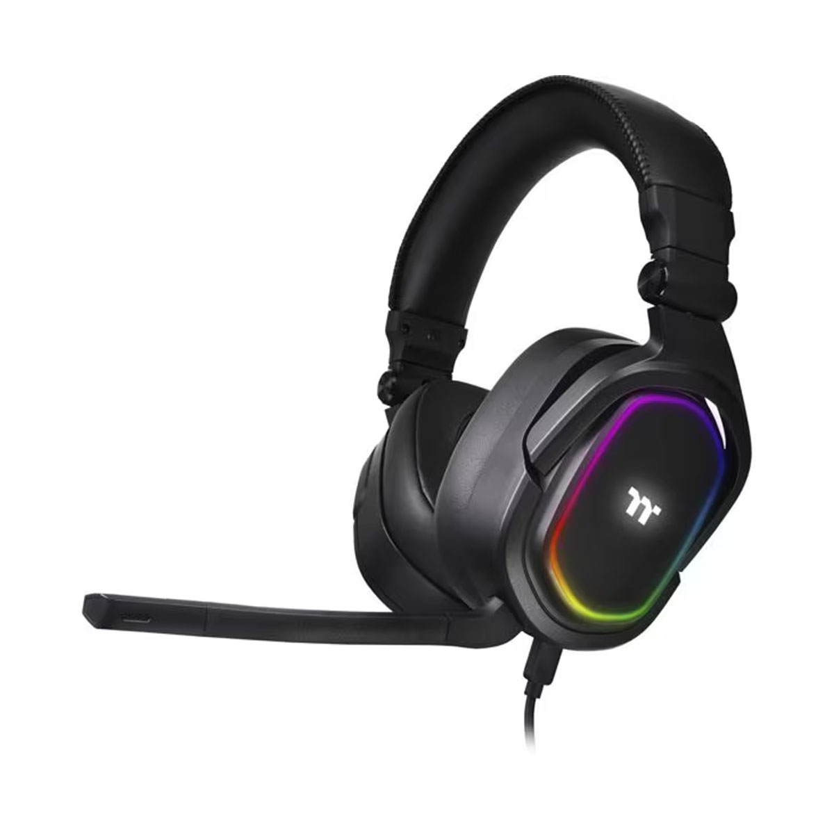 Cuffie nere con padiglioni, microfono, fascia e luci arcobaleno, sfondo nero.