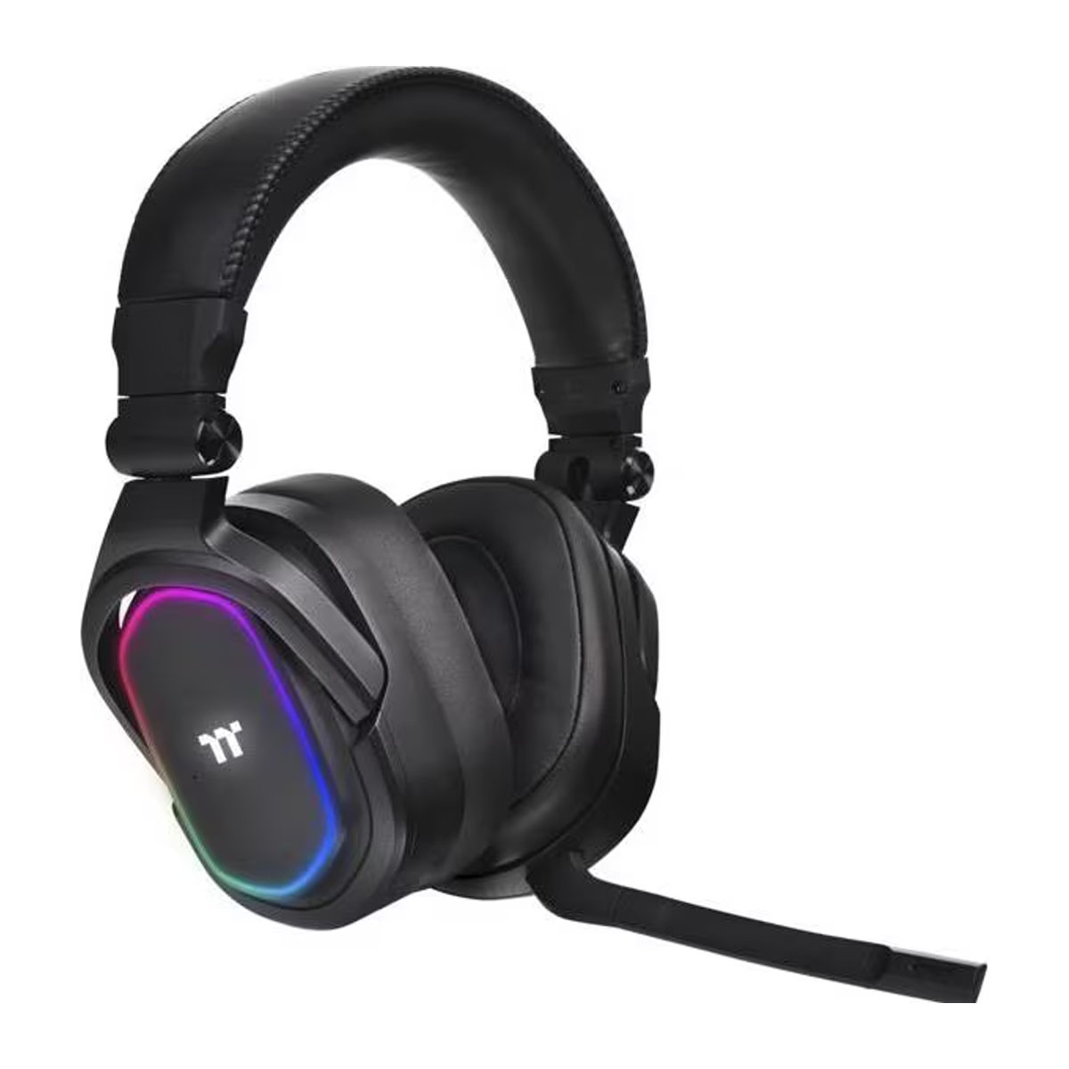 Cuffia da gioco nera con illuminazione RGB e microfono.