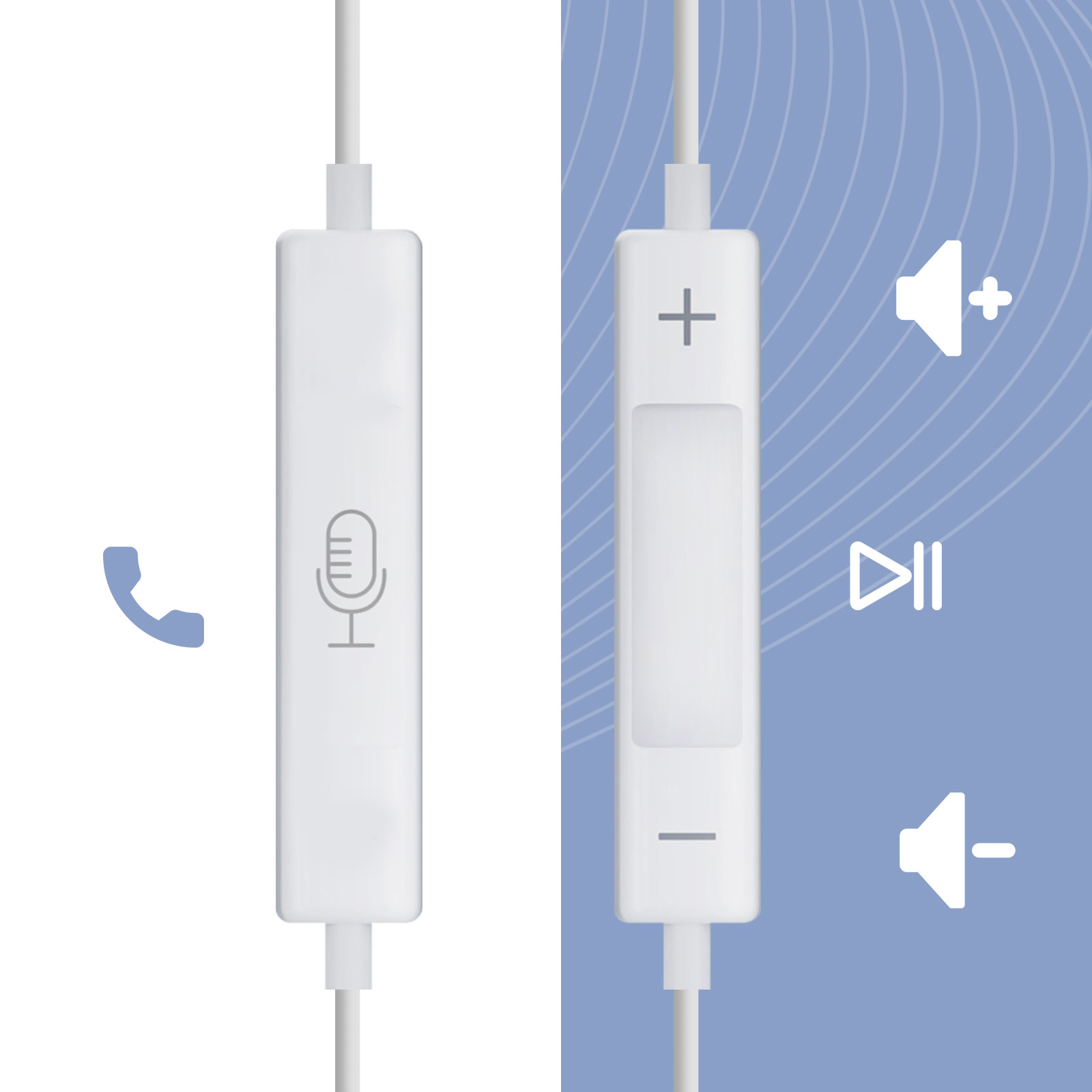 Białe sterowanie. Symbol mikrofonu, regulacja głośności i ikona telefonu. Niebieskie i białe tło.