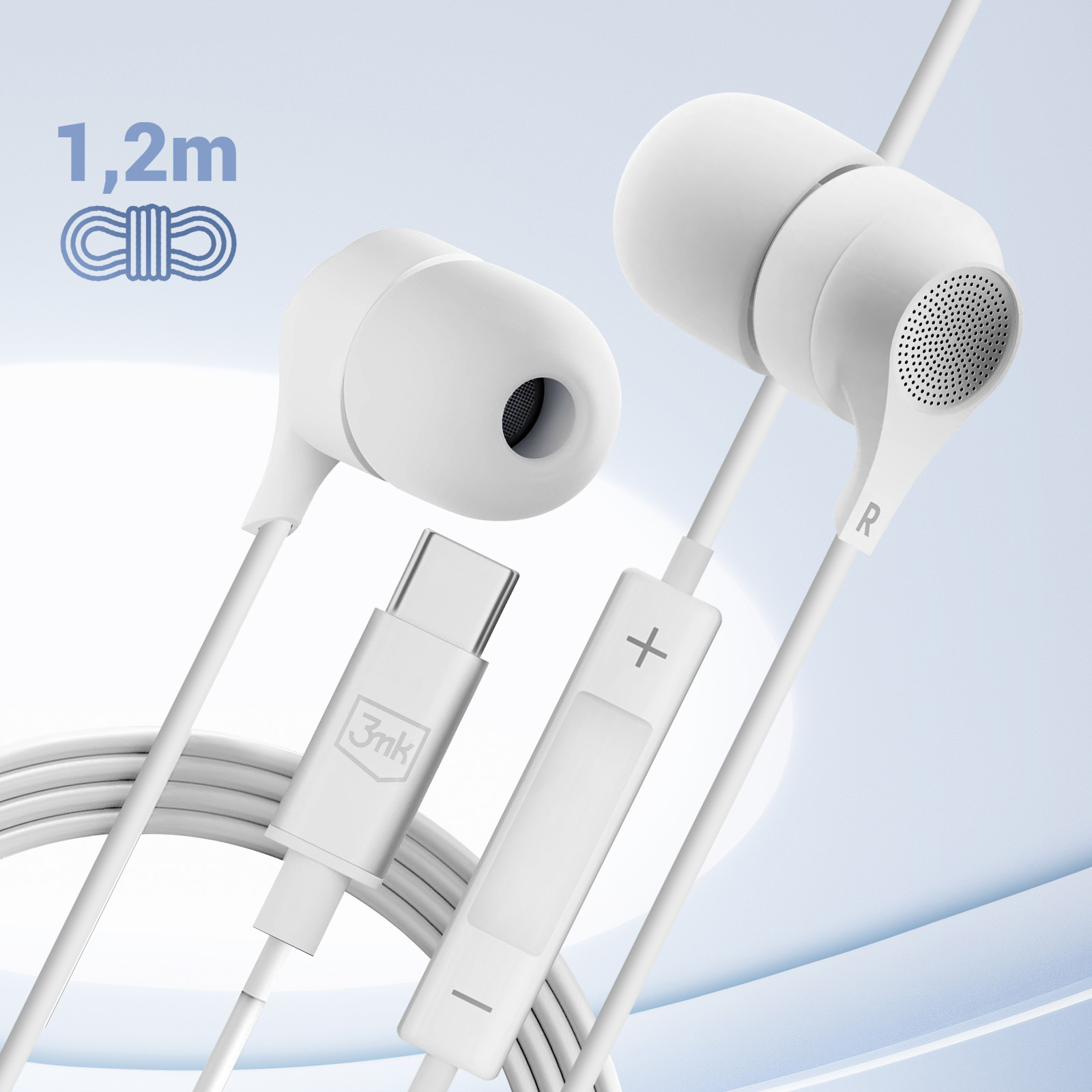 Białe słuchawki z złączem USB-C i modułem sterowania. Tło jest jasne.