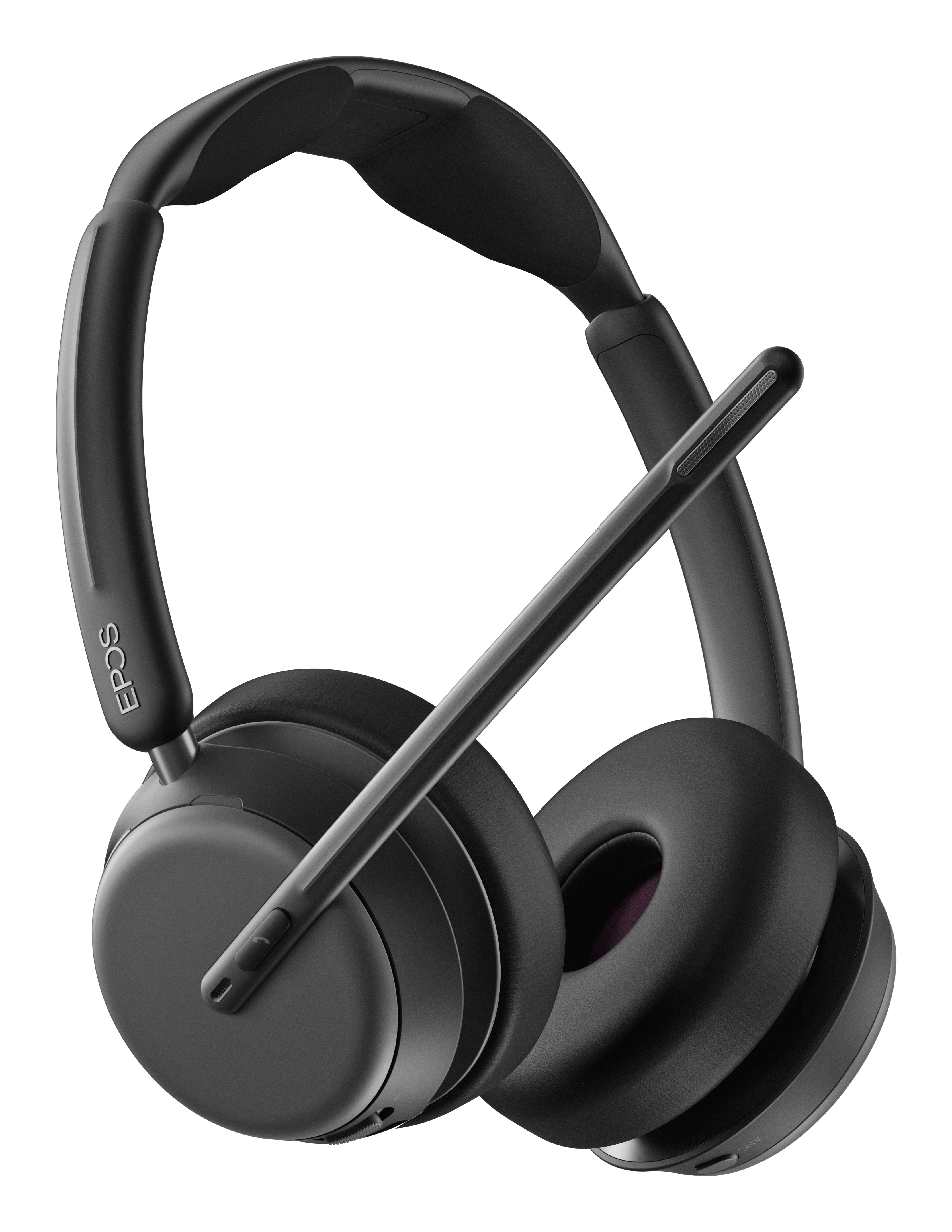 Black headset with two earcups and a microphone. The brand 'EPOS' is visible. The design is modern and sleek.