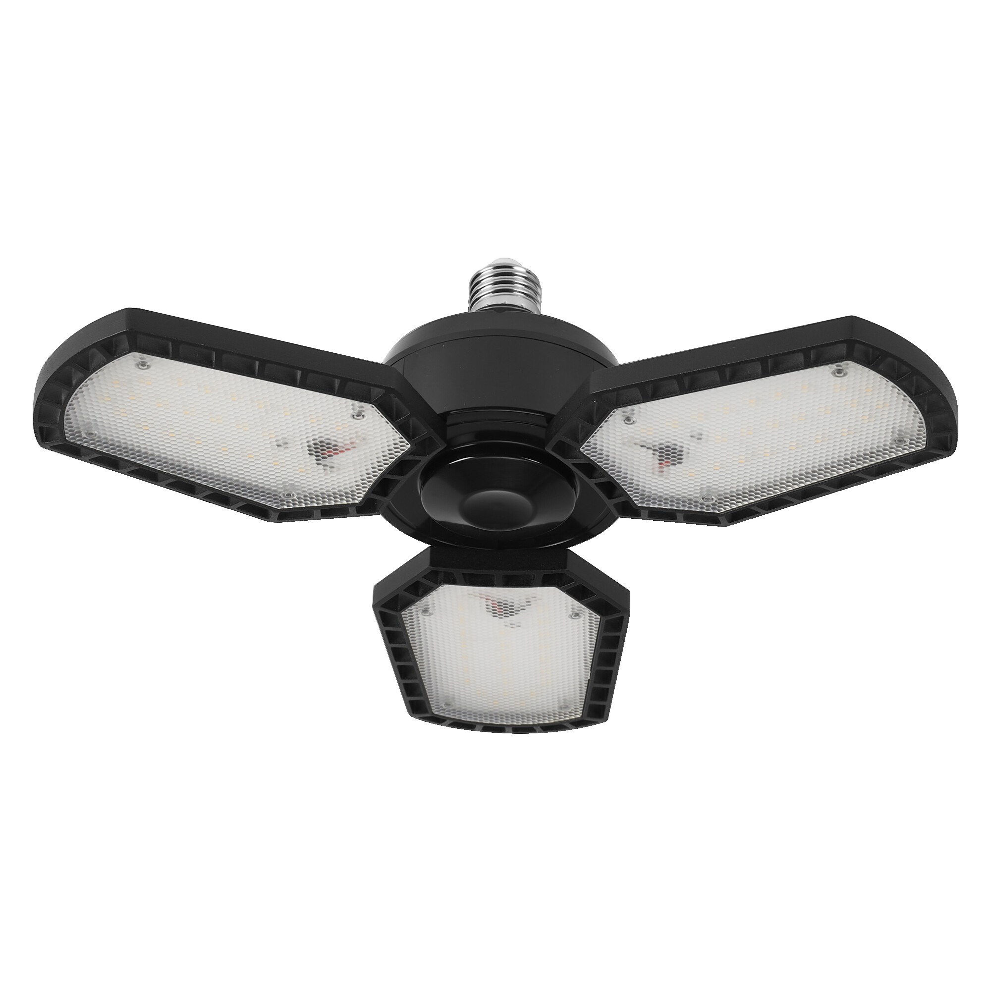Schwarzes LED-Licht mit drei verstellbaren Paneelen. Es hat einen Schraubsockel.