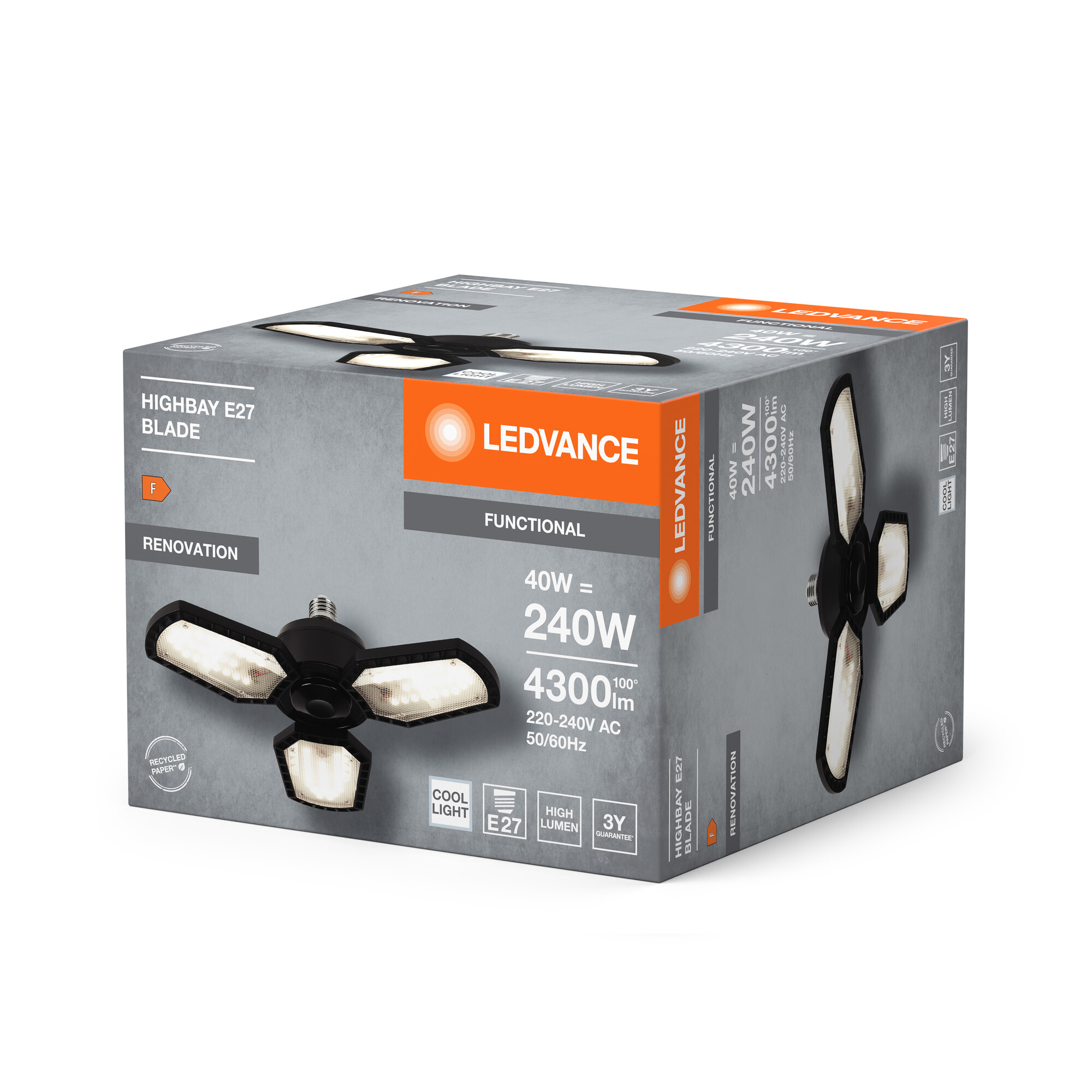 Highbay E27 Blade Lampenbox. Enthält die Lampe und ihre Spezifikationen: 40W, 4300lm, 220-240V AC.