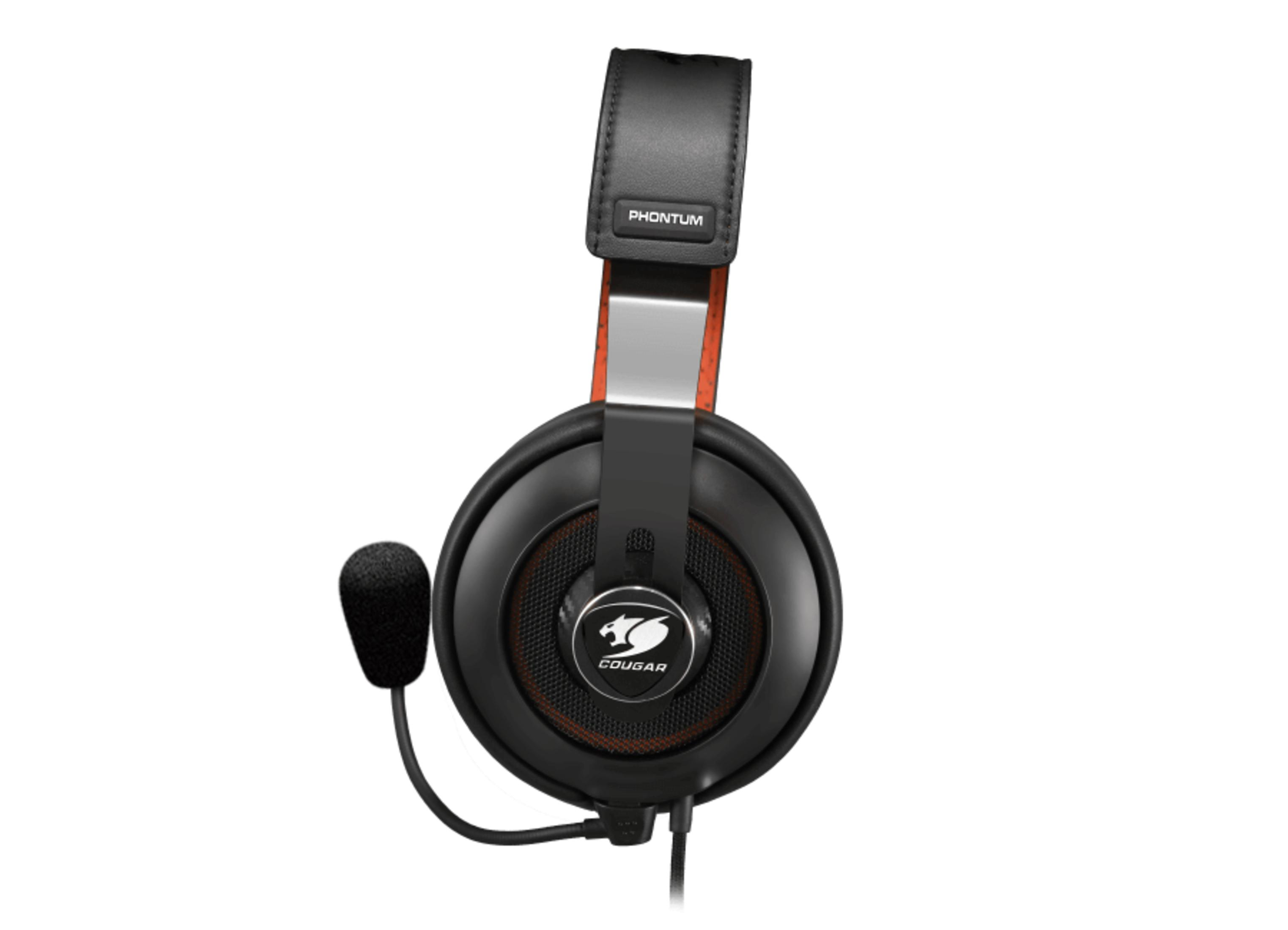 Czarne słuchawki dla graczy z mikrofonem. Logo Cougar na nauszniku. Białe tło.