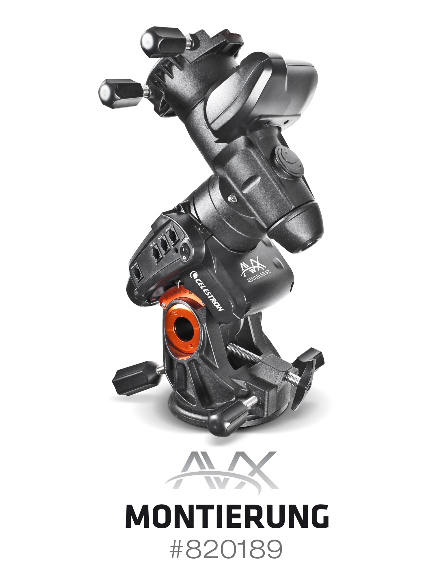 Schwarze Teleskopmontierung mit orangen Details, Text 'Celestron AVX' und 'Montierung'.