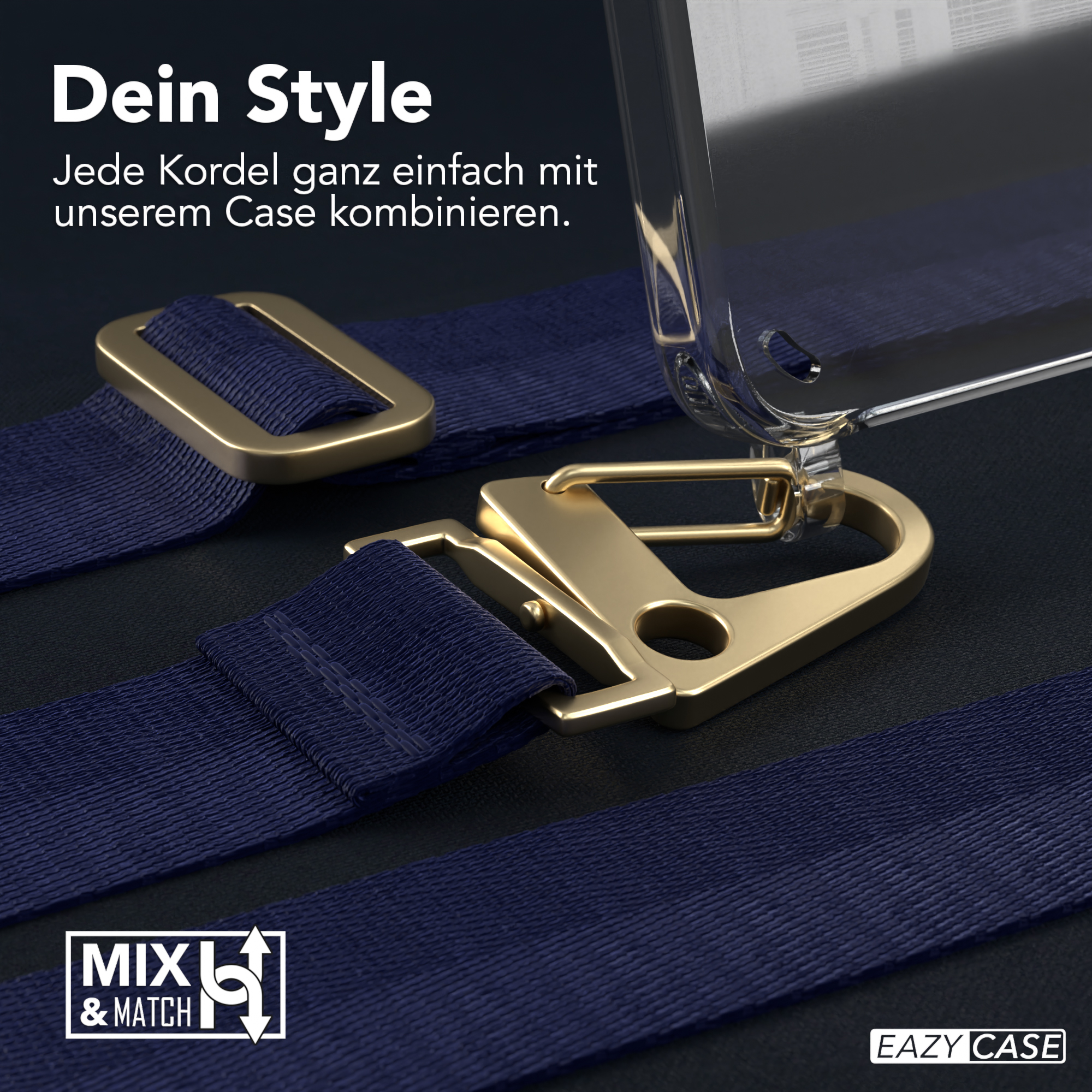 Ein Produktbild mit einer Handyhülle und einem Riemen. Der Riemen ist blau und goldfarben.