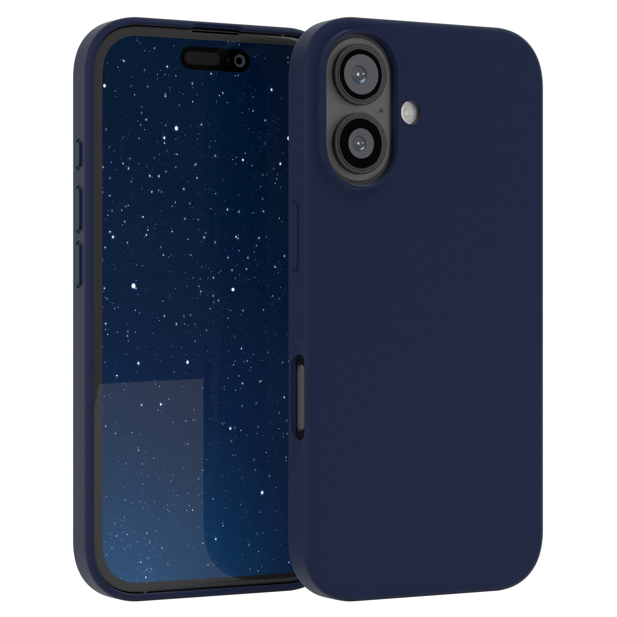 Blaue Handyhülle mit Handy. Das Handy hat zwei Kameras. Der Bildschirm zeigt Sterne.