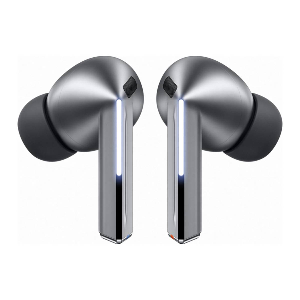 Srebrne i czarne słuchawki douszne. Słuchawki mają elegancki design. Są blisko kamery.