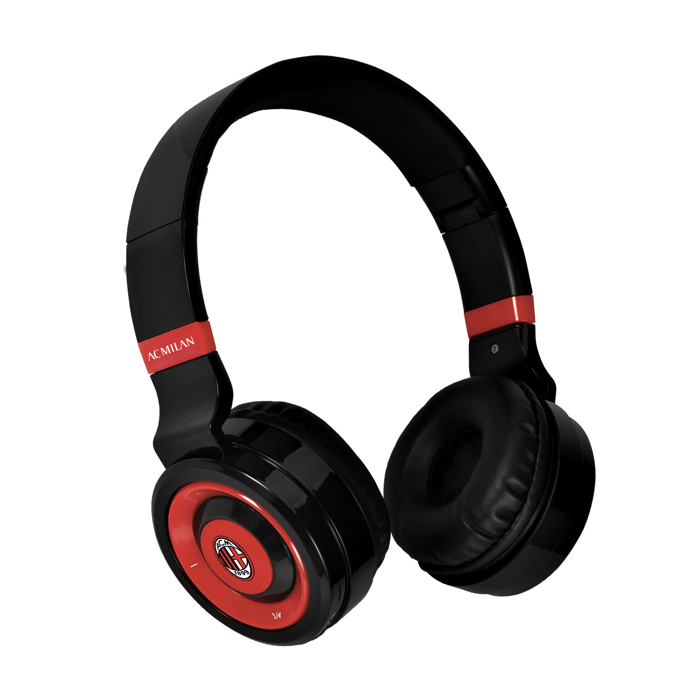 Cuffie AC Milan nere e rosse, padiglioni neri e design circolare.