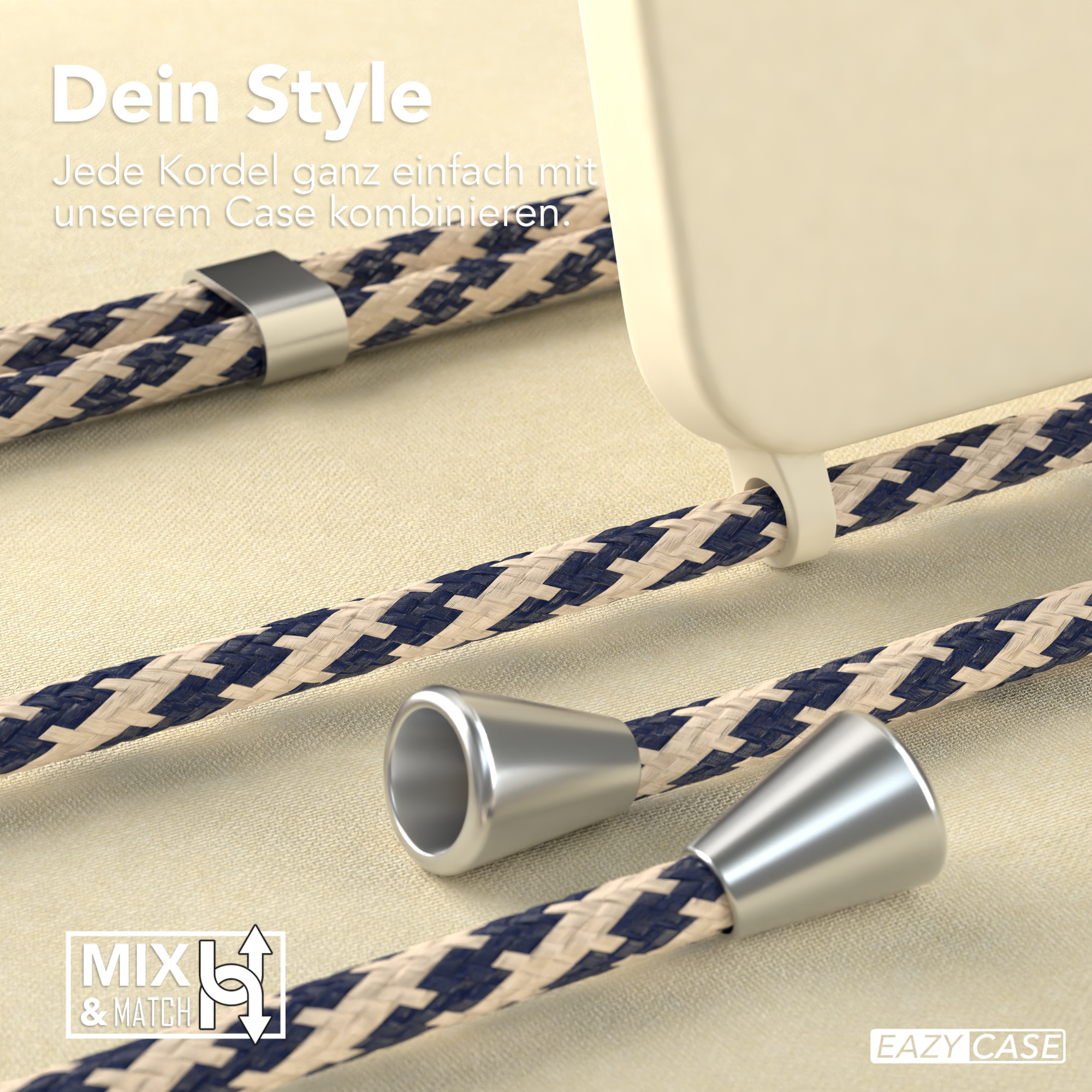 Handyhülle und Kordel mit silberfarbenen Enden. Text: 'Dein Style'.