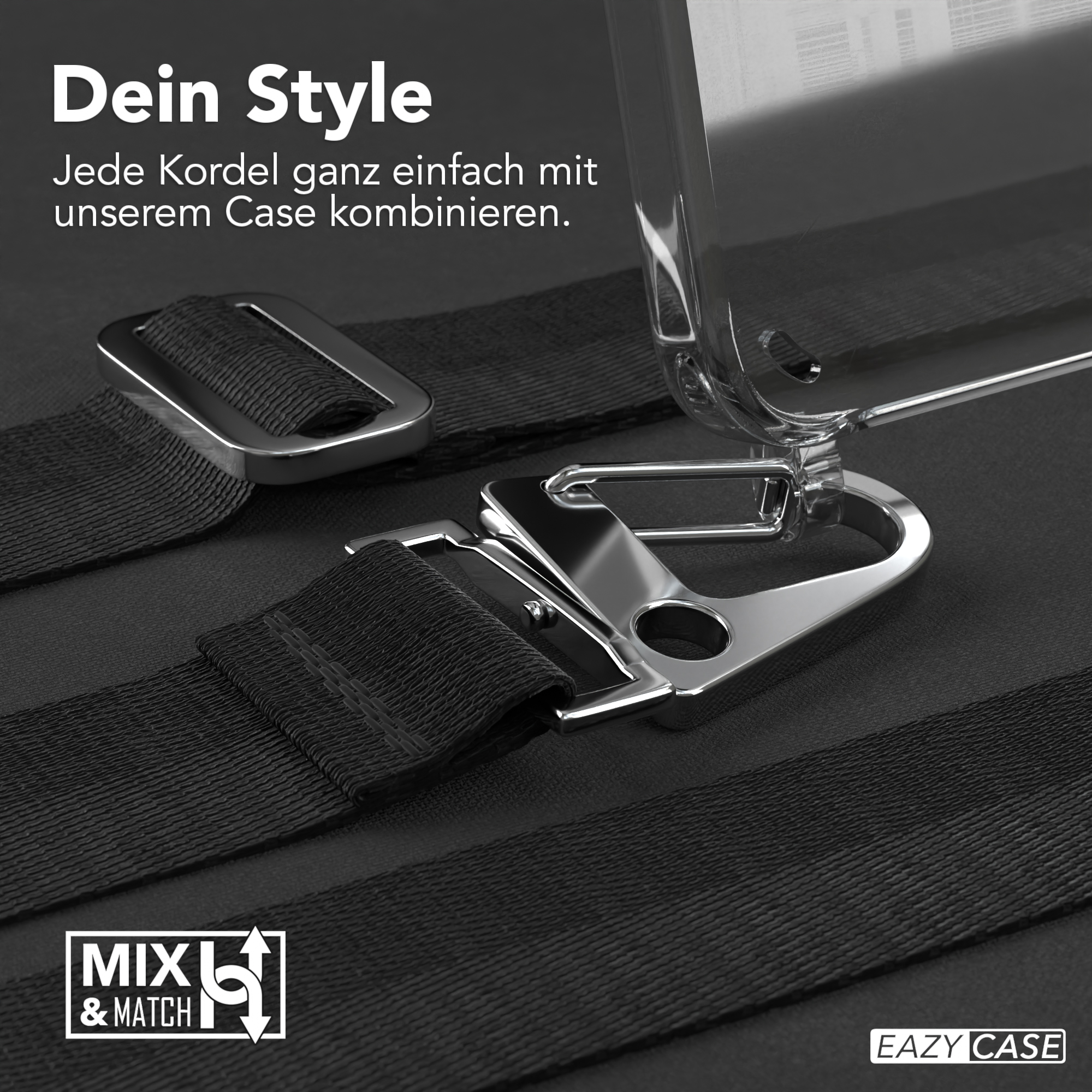 Schwarze Riemen und silberne Schnallen auf schwarzem Untergrund. Transparente Handyhülle im Hintergrund.