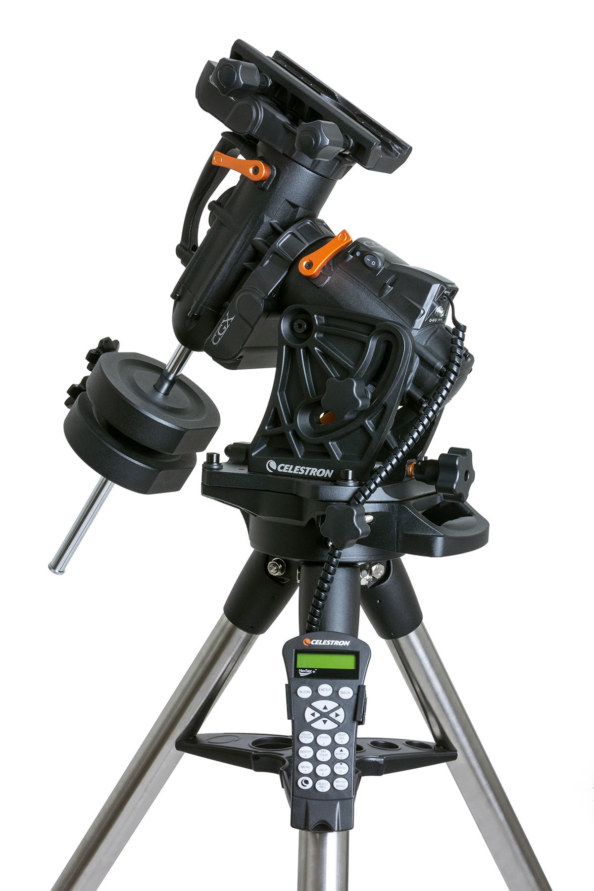 Schwarze Teleskophalterung auf Stativ. Mit Gewichten, Bedienfeld und Celestron-Branding.