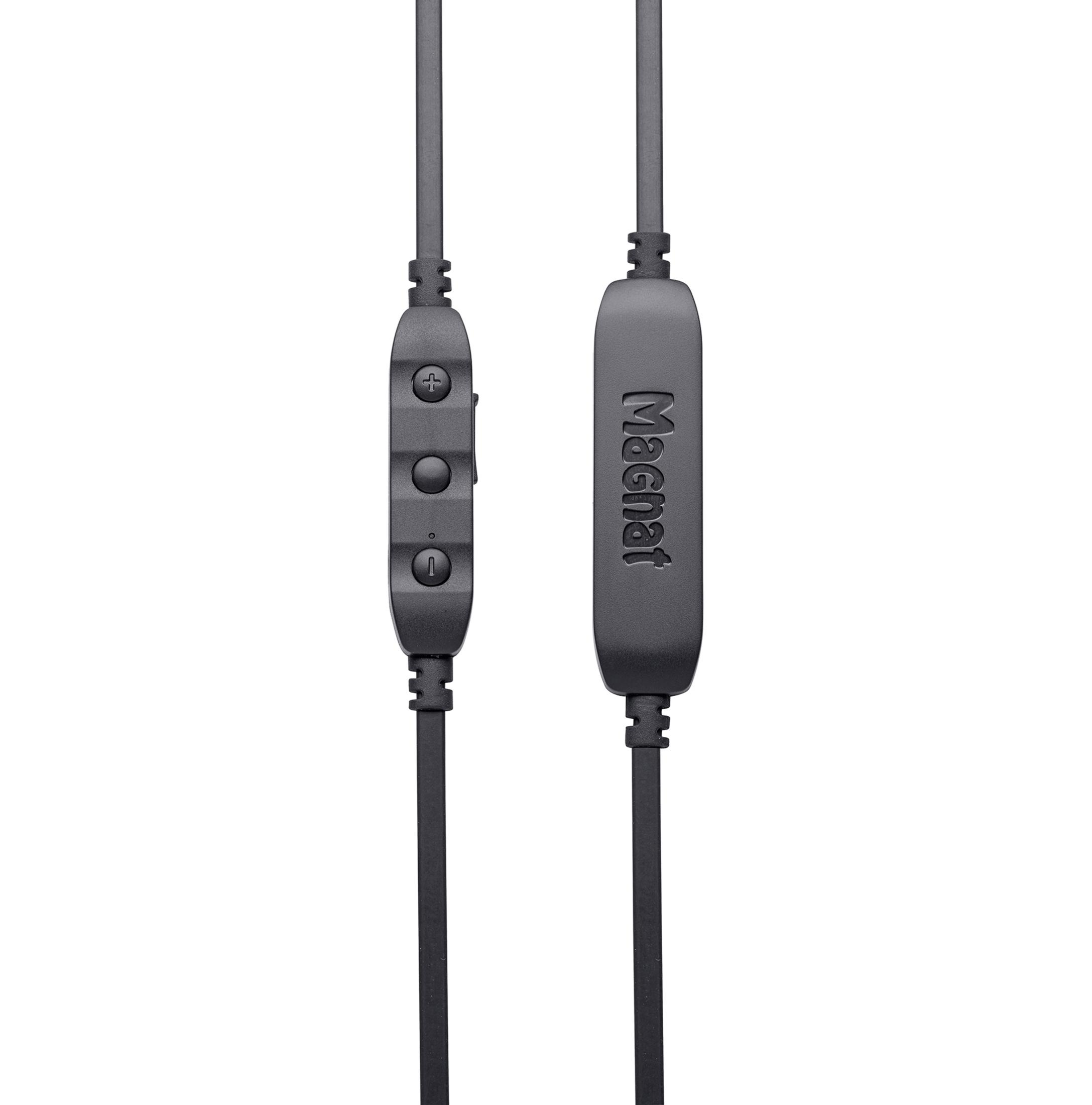 Close-up of black Magnat headphones cable with a control panel featuring buttons and a logo.