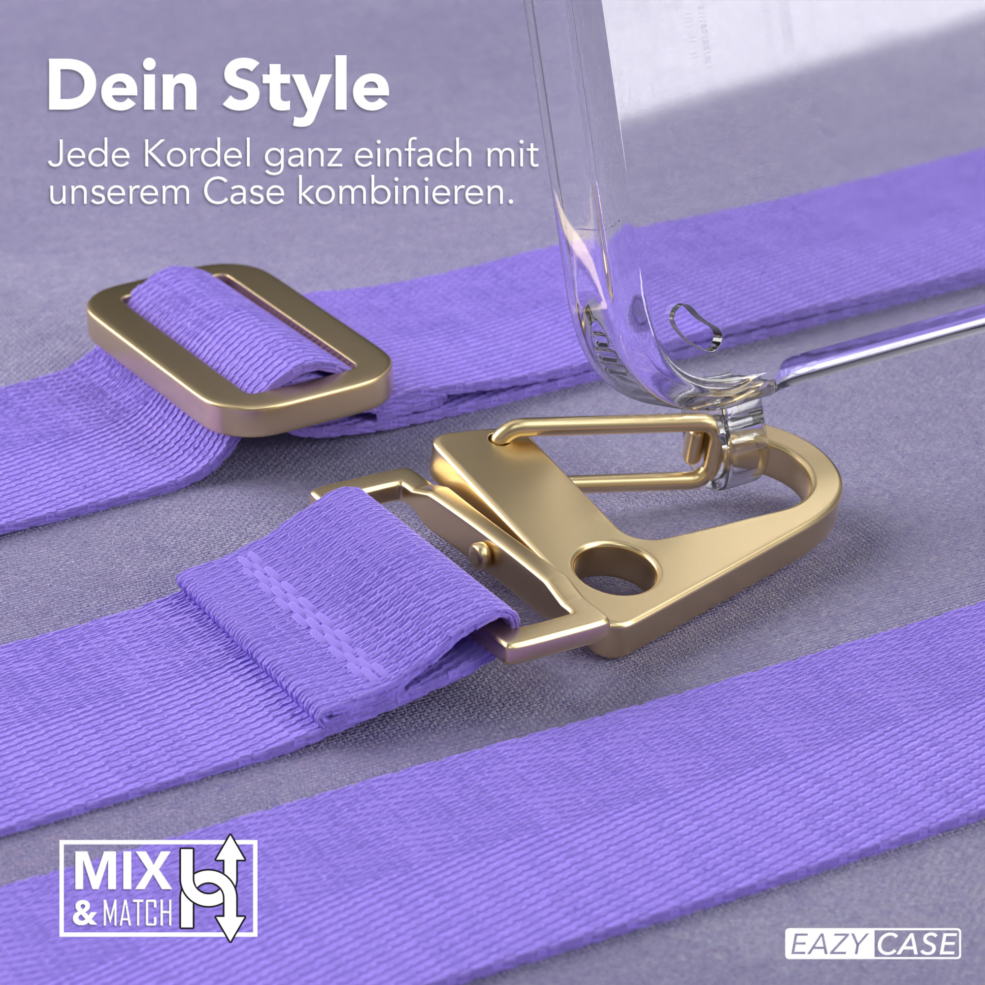 Eine lila Handyhülle mit lila Band. Goldfarbene Verschlüsse sind sichtbar.